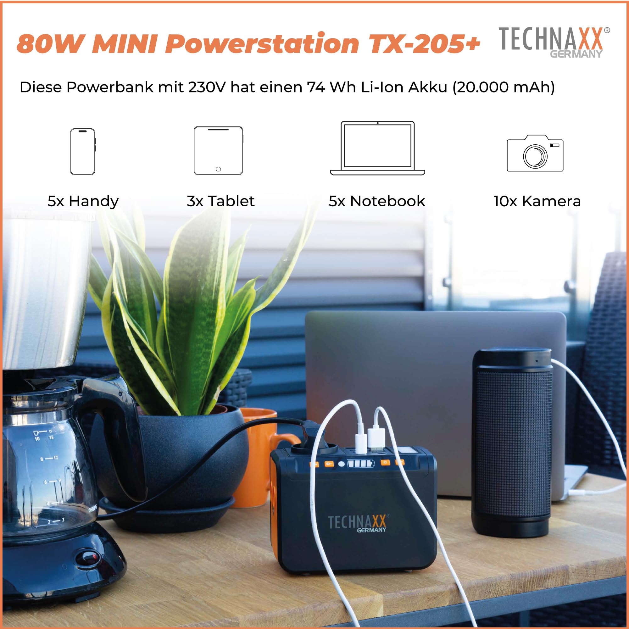 Technaxx Mini Tragbare Powerstation 74Wh 80W mit 230V Steckdose, USB-C PD 18W, 4×USB-A QC3.0, DC-Ausgang, LED, Solarlade-kompatibel, Camping & Notstrom Generator – Aktualisiertes Modell 2026 TX-205+