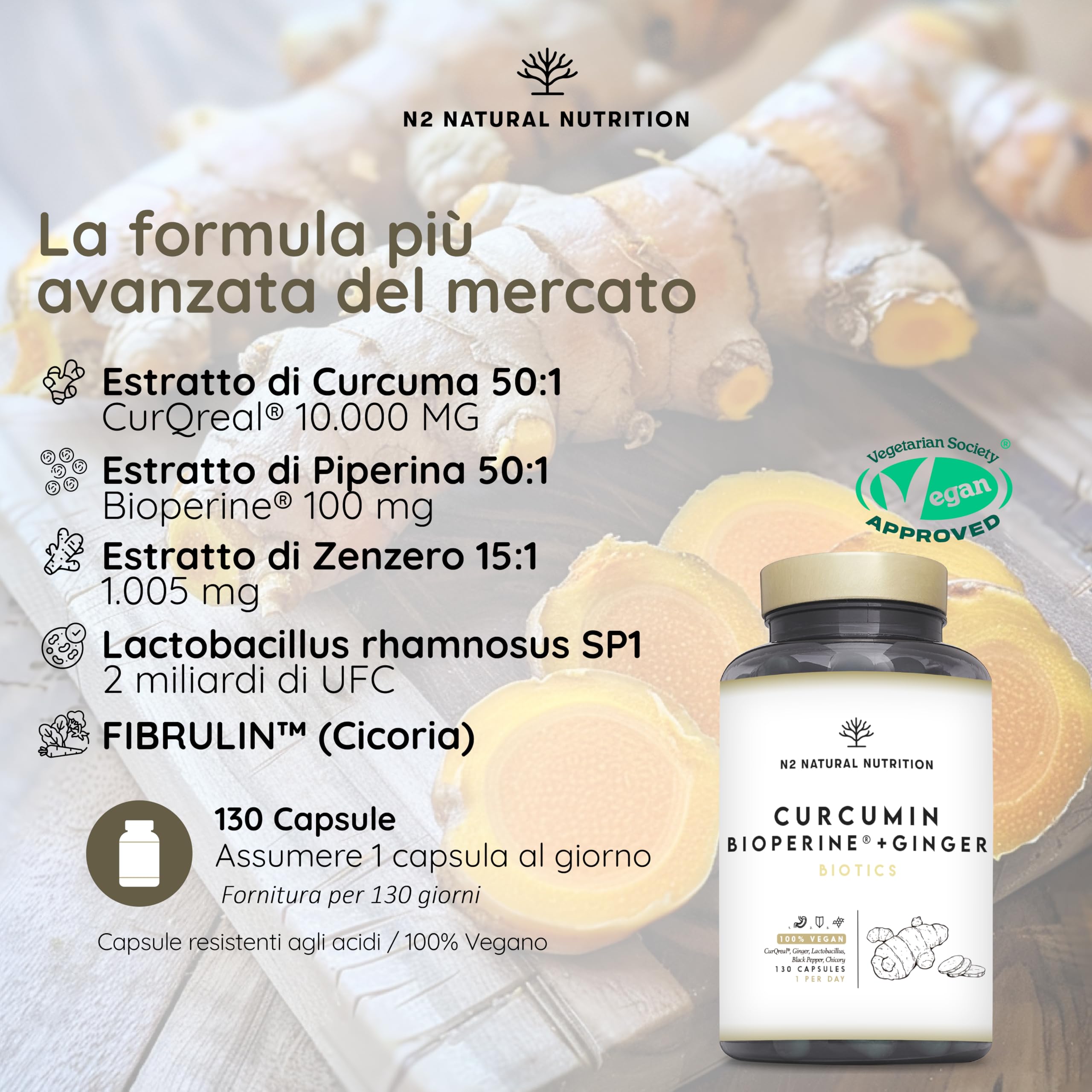 Curcuma con Piperina, Probiotici e Zenzero. 10,000 mg di Curcuma per Capsula (95% di Curcuminoidi). 4 Mesi. Potente azione Antinfiammatoria e Antiossidante. Formula brevettatai N2 Natural Nutrition