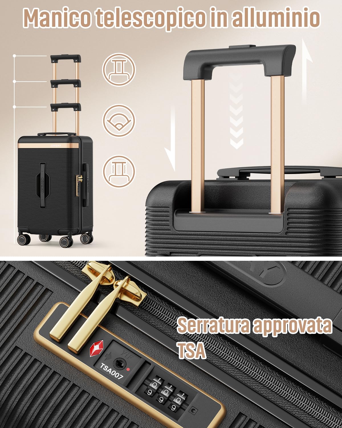 Joyway Valigia Trolley guscio rigido ABS 4 ruote, serratura TSA, Nero | Portabevande integrato, fodera interna rimovibile. Ruote doppie ammortizzanti 360° freno, manico telescopico 3 livelli
