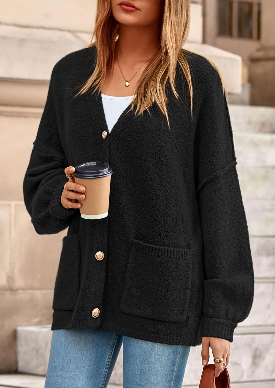 PRETTYGARDEN Fall Chunky Cardigan Sweaters for Women 2026 Button Long Lantern Sleeve Knit Oversized Coats with Pockets - Image 5