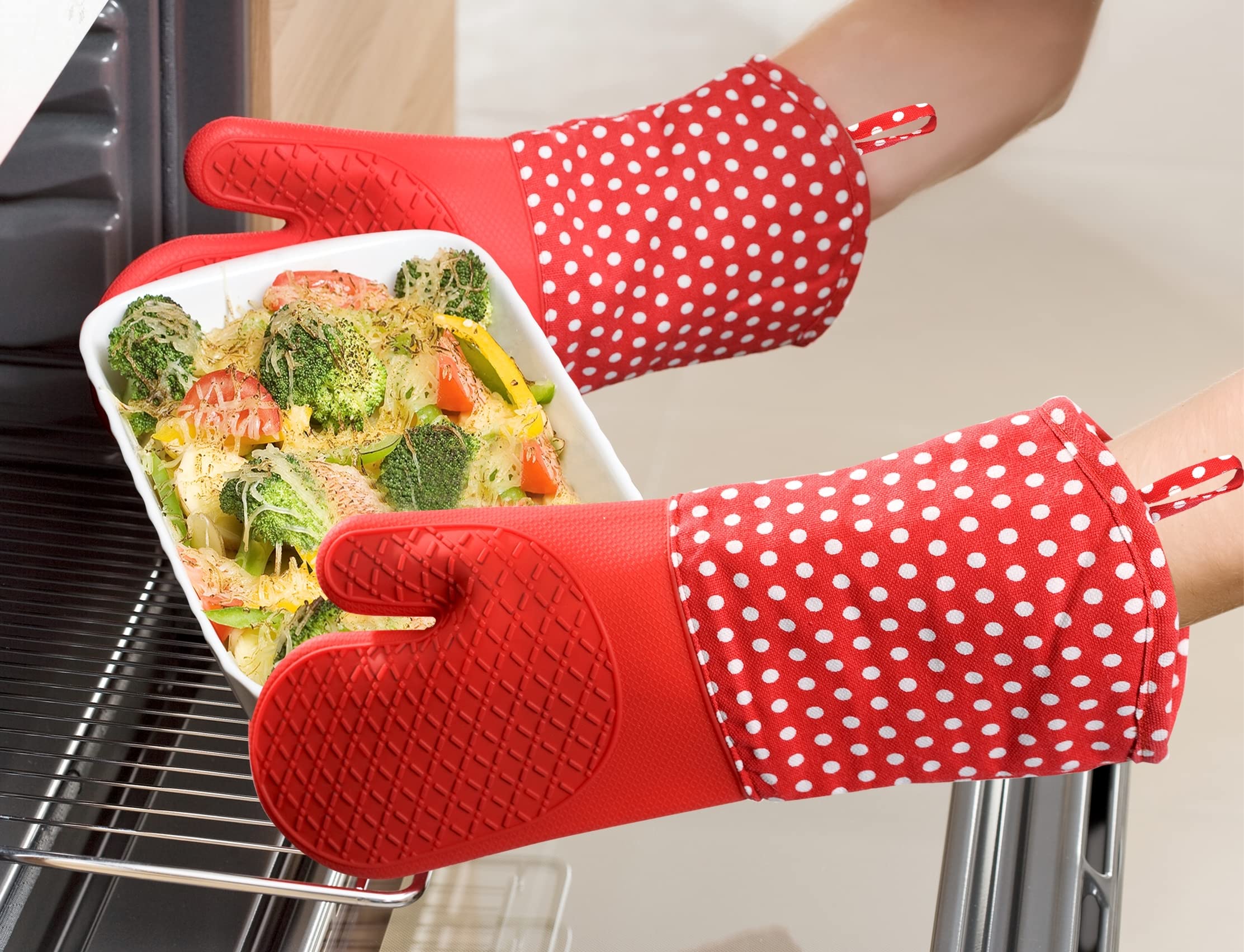 Wenko 2102168100, Confezione 2 guanti in silicone da cucina, colore: Rosso
