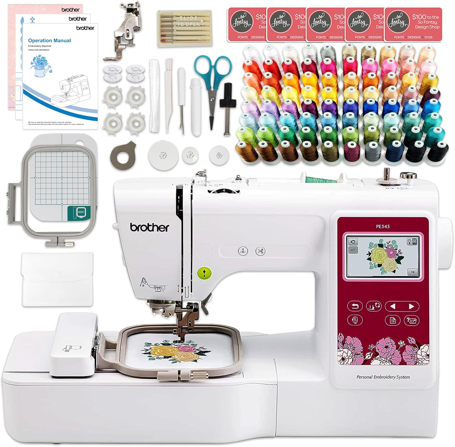 Brother PE545 4" x 4" Embroidery Machine with Accessories Kit and Deluxe 80 Embroidery Spool Bundle