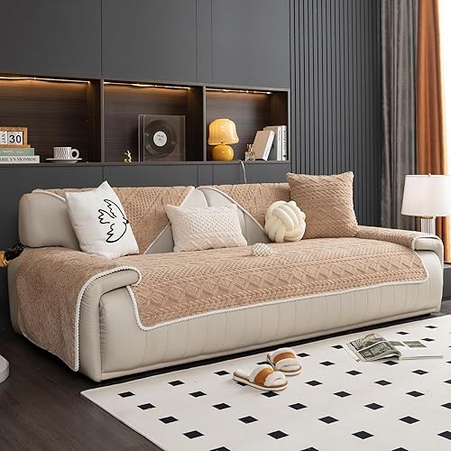 Miniatura 5 de vctops Funda de sofá de felpa jacquard tipo cable estilo bohemio para perros, funda suave y antideslizante para sofá seccional, gruesa y cálida,