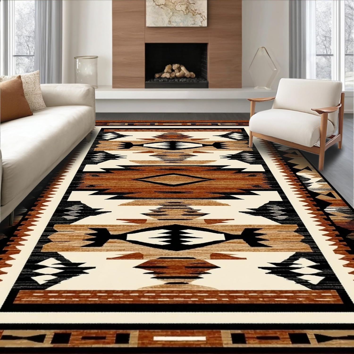 Flatwoven High Traffic Area Rug 6x9, Minimalist Earthy Patterned Inspiration, Non Slip, Stain Resistant, Washable Area Rugs for Living Room, Bedroom (Brown, 6x9)