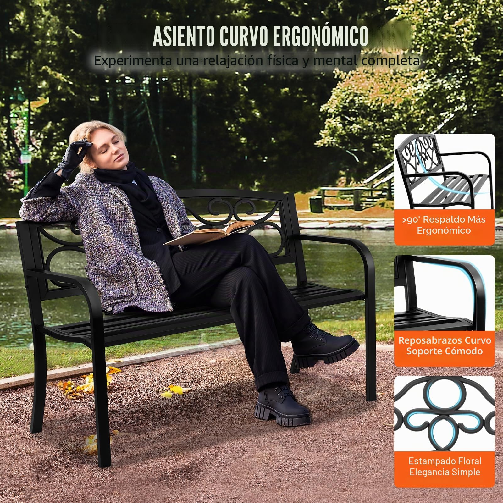 VEVOR, Banco de jardín de Metal para Exteriores, 127 cm, Color Negro, 127 cm