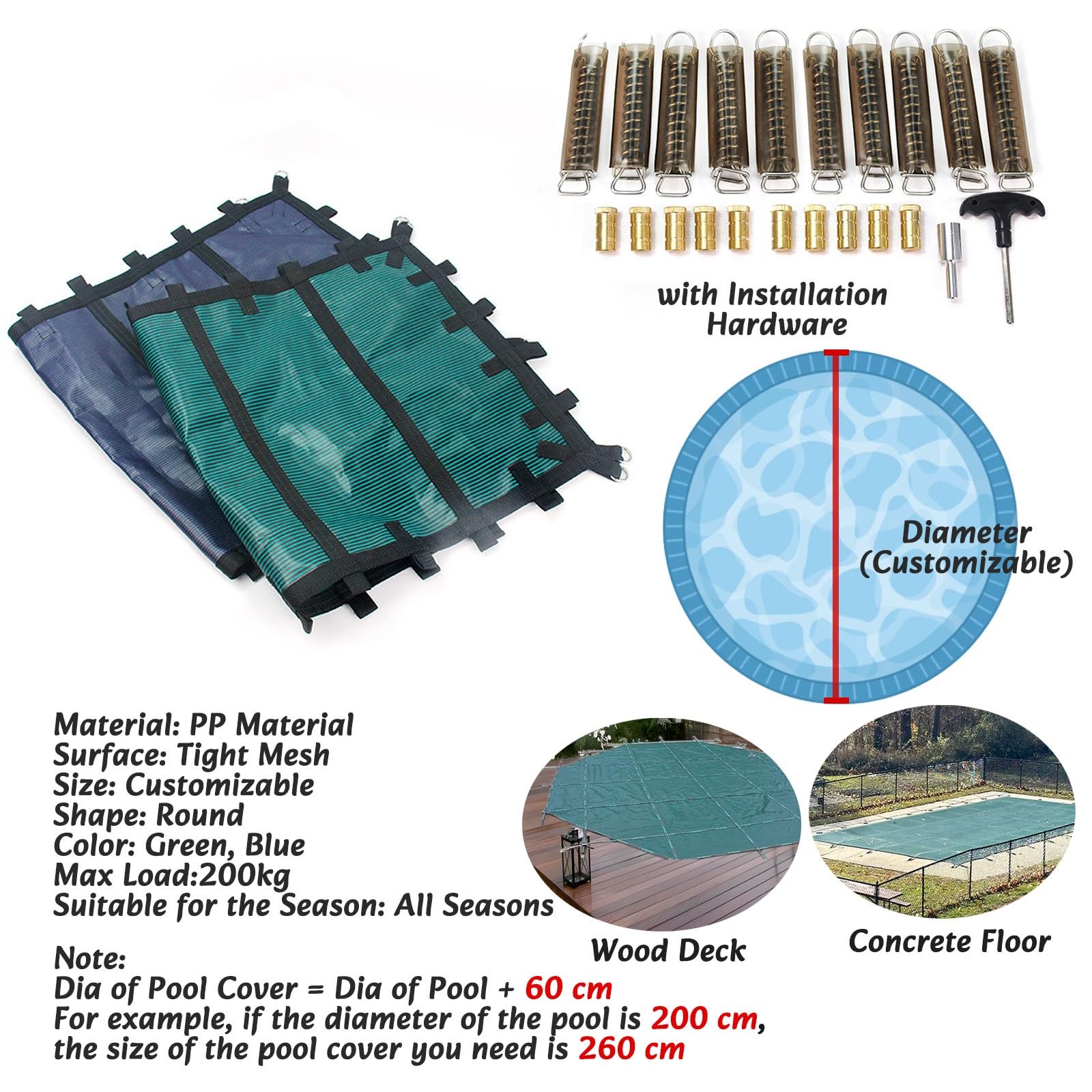 Bâche d'hiver robuste pour piscine, protection contre les débris, bâche de sécurité haute résistance pour piscines rondes extérieures sur terrasses en bois et sols en béton