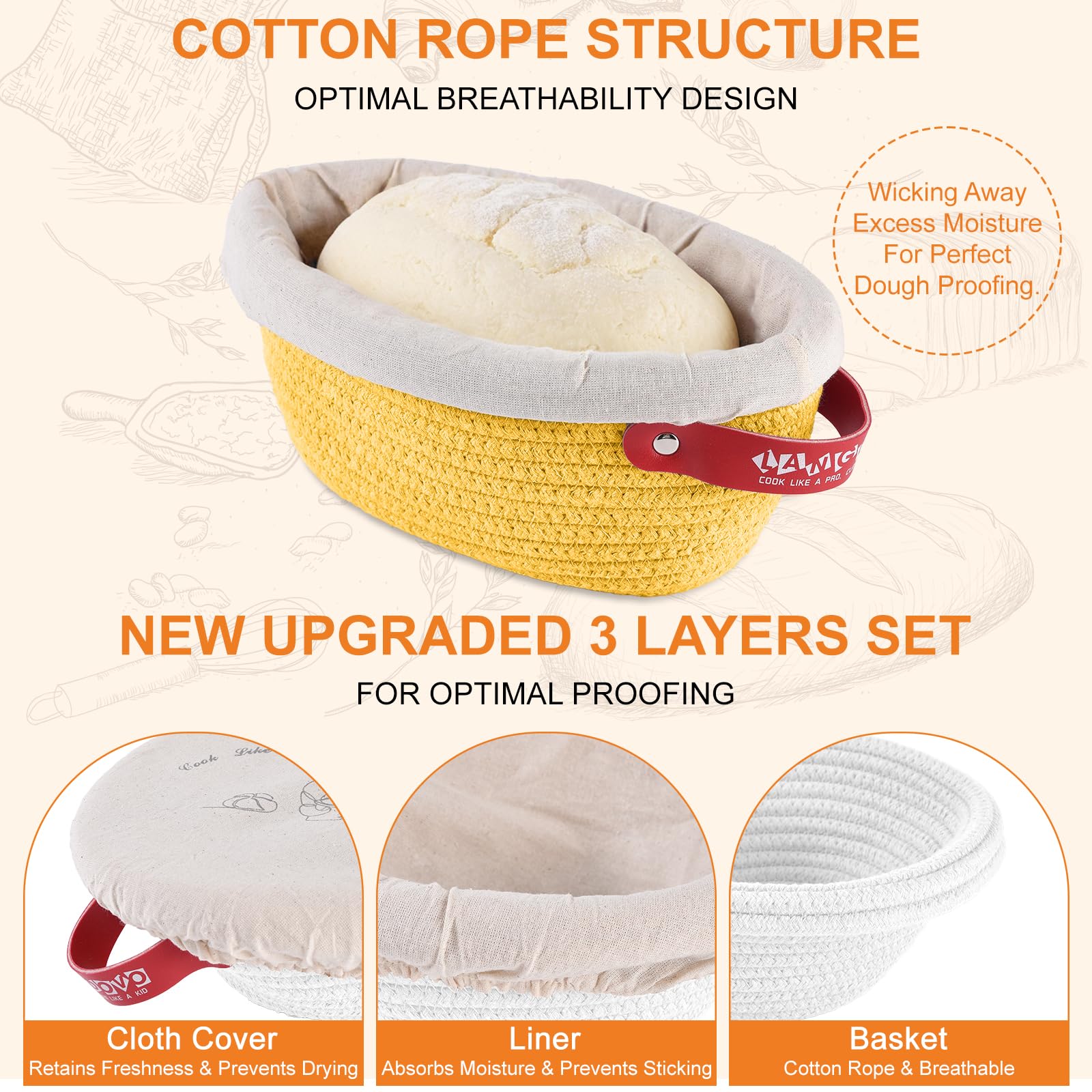 Banneton Brotgärkorb-Set aus Baumwollseil, Sauerteig-Starter-Set mit Einlagen und Abdeckungen, Brotkorb für handwerkliches Backen, rundes und ovales Sauerteig-Brot-Backzubehör, Geschenk-Set