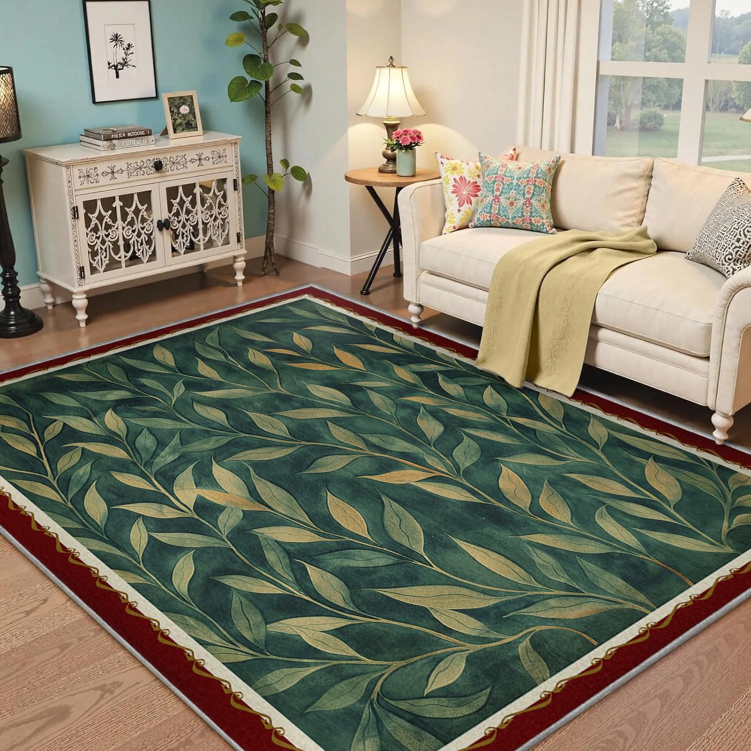 Tapis salon rectangulaire facile à nettoyer feuilles sauge