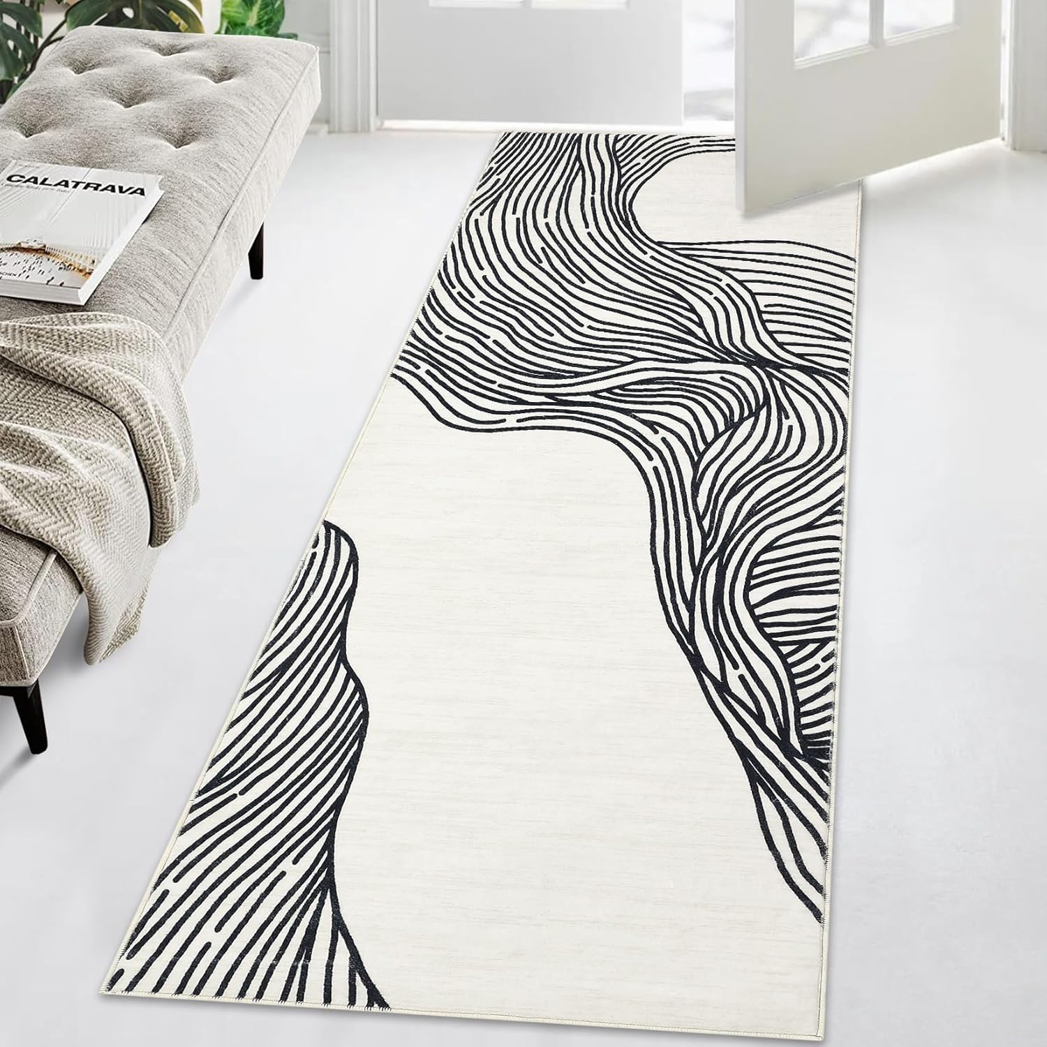 GarveeHome Entryway Runner Rug 2x6 Modern Abstract Runner Rug Non-Slip Washable Rugs for Hallway Indoor Soft Faux Wool Floor Cover Contemporary Kitchen Runners Low Pile Rugs for Laundry Bedside Cream