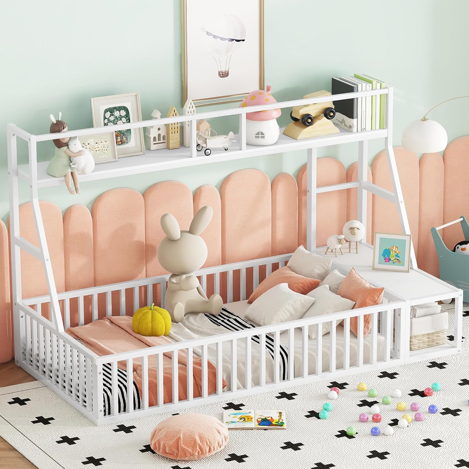 Twin Size Floor Bed Frame with Fence – Metal Kids Floor Bed with Desk & Storage Shelf, Playhouse Design, White – Safe & Stylish (Off White)