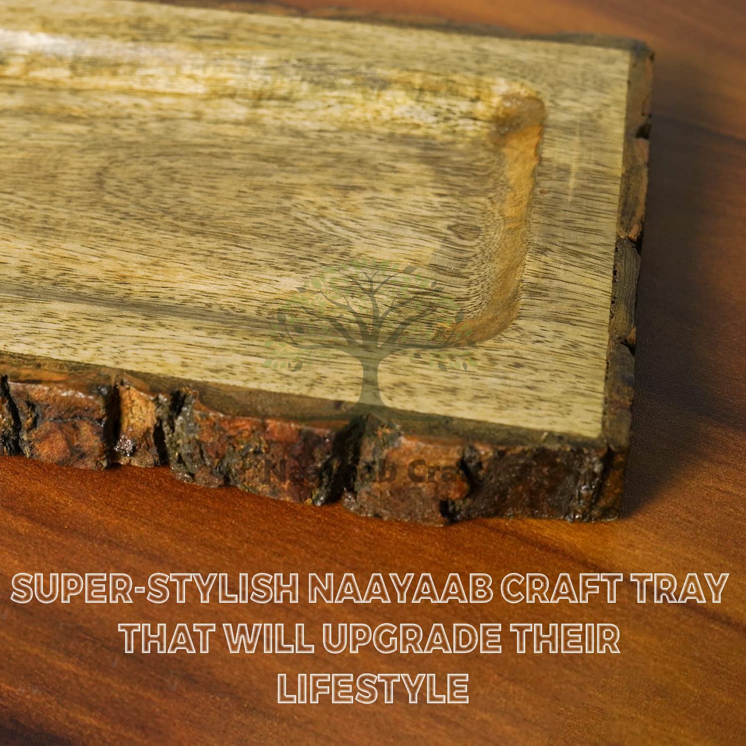 Naayaab Craft Mango Wood Tray, Multipurpose Handmade & Handcrafted Serving Tray, Rectangular Wooden Nested Platter - Size (37 x 17 x 2.5cm) 3