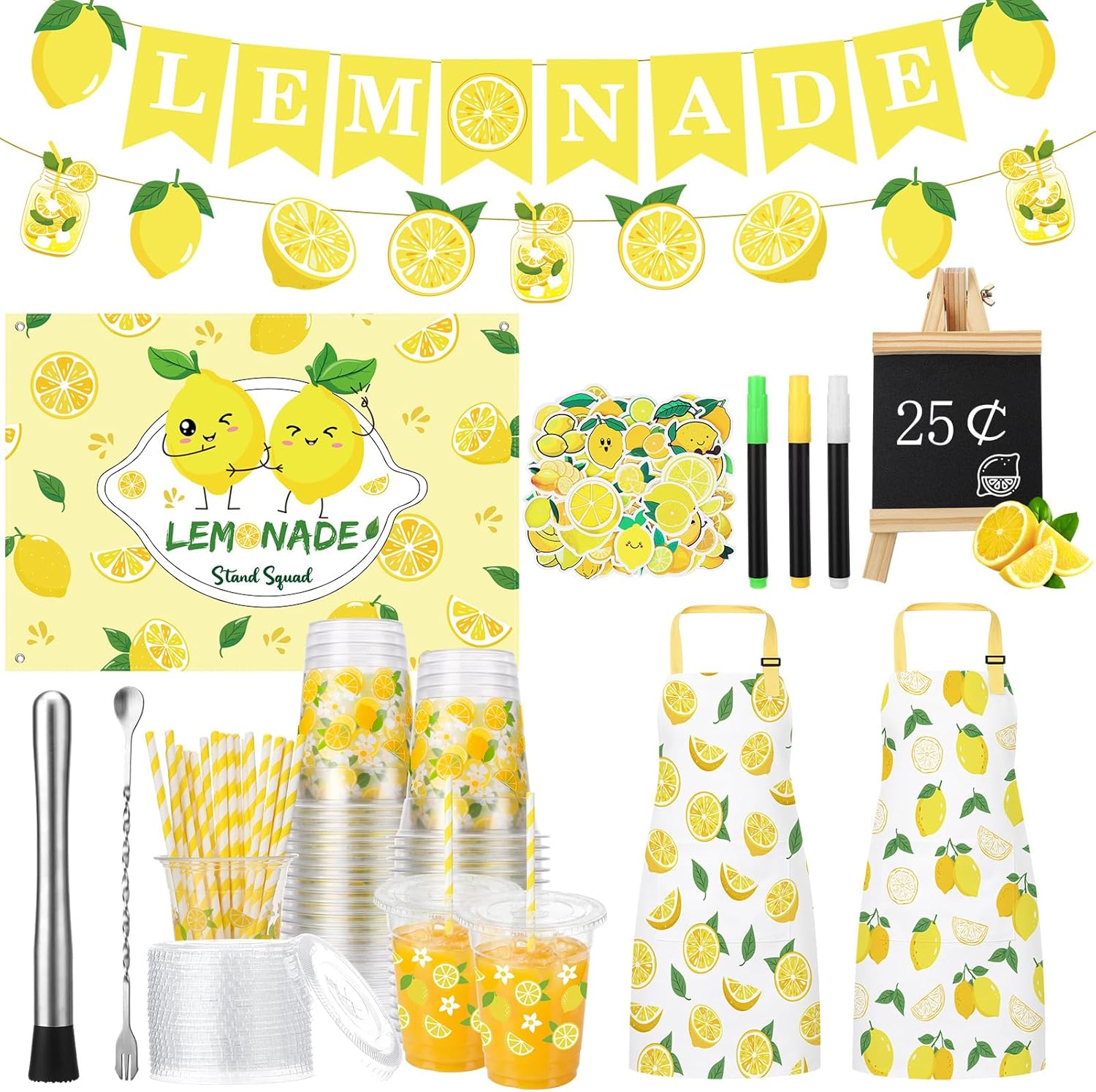 Lemonade Stand Supplies 50 Pcs Lemonade Cups with Lids and Straws Kids Lemon Aprons Banners Tablecloth Muddler Spoon Set Blackboard and Stickers for Summer Lemon Party Decor
