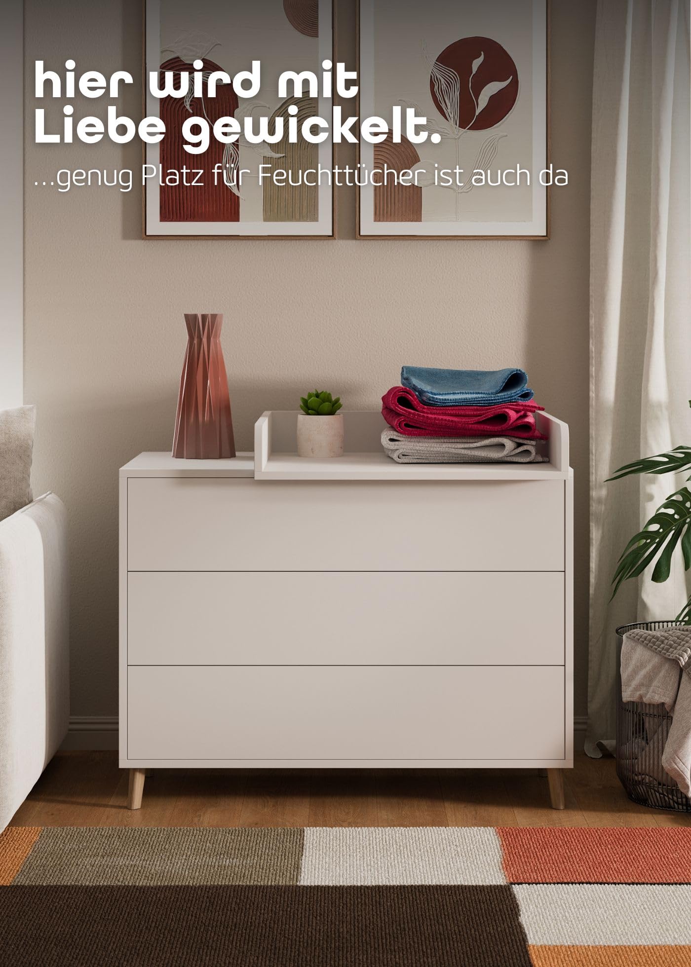 Sämann Wickelkommode EDEN – Push-to-Open, Touch-Close, abnehmbarer Wickelaufsatz & Schubladen mit Fächern (weiß)