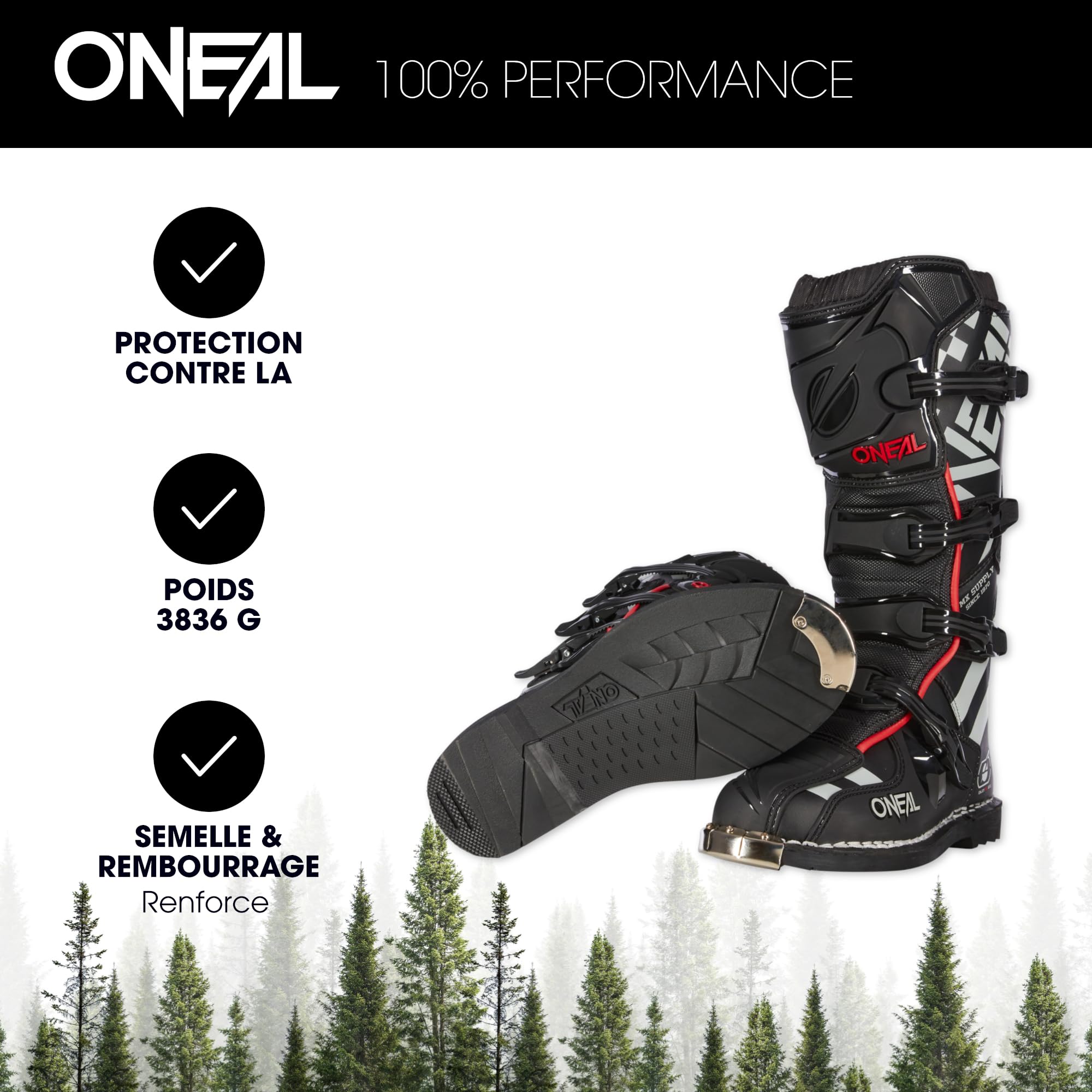 O'NEAL | Bottes de motocross | MX Enduro | Protection de la semelle en métal, boucles de fermeture facilement réglables | TRIBUTE Boot SQUADRON V.21 | Adulte | Noir/Gris | Taille 45/11