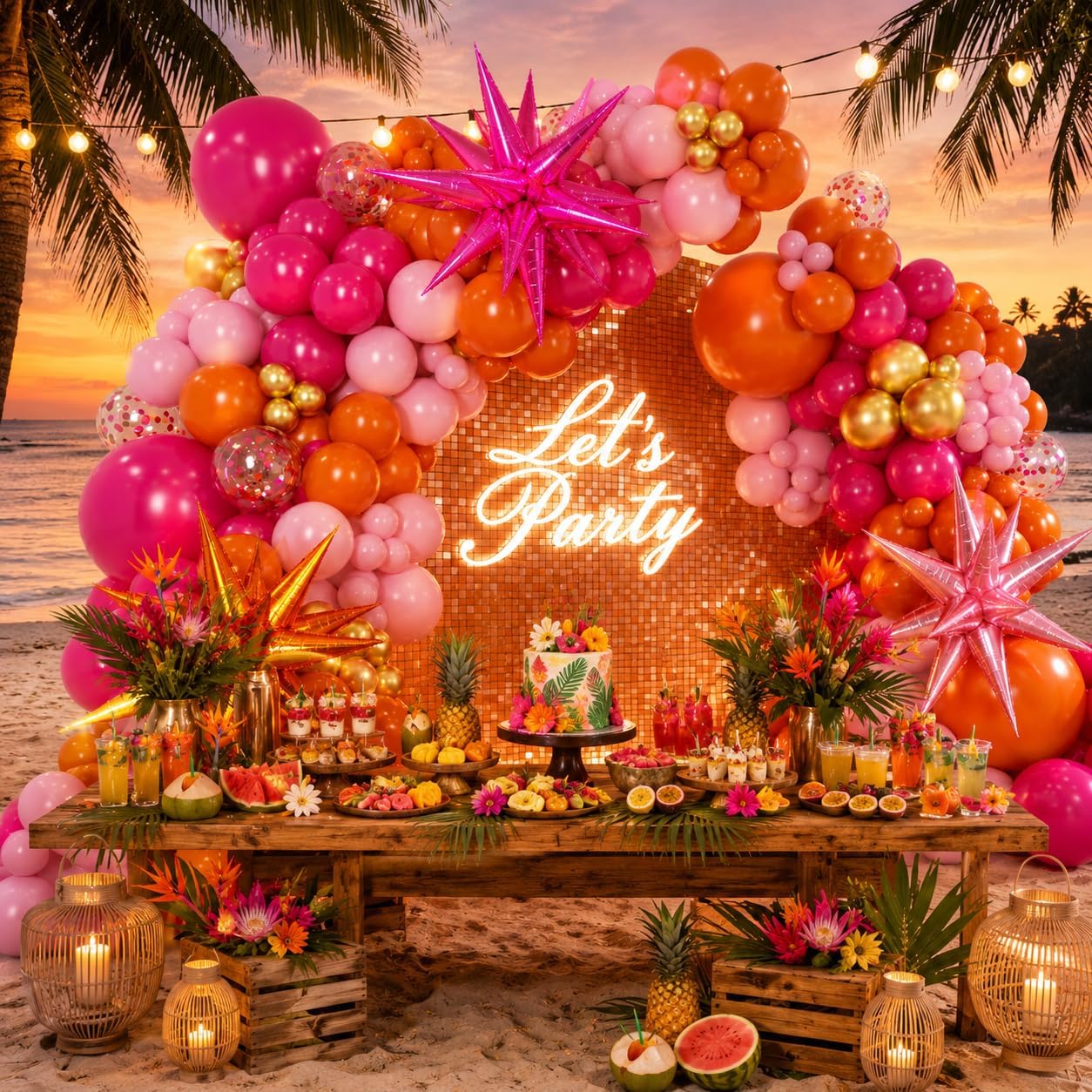 Kit de arco de globos rosa y naranja con confeti dorado metálico, globos rosa intenso y naranja para decoraciones de fiesta de cumpleaños de graduación