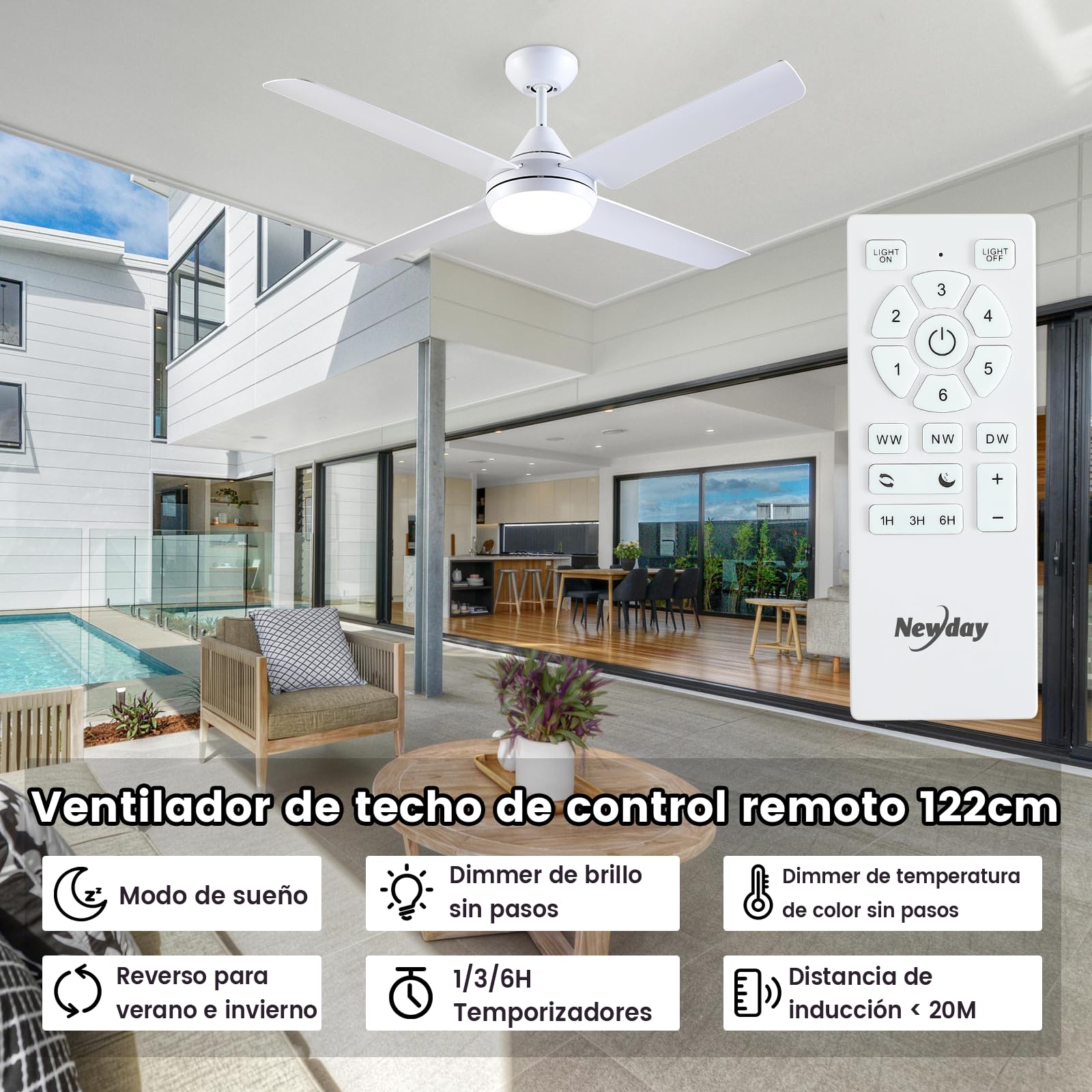 Newday 122CM Ventilador de Techo 4 Aspas Blanco Con Luz y Mando Silencioso