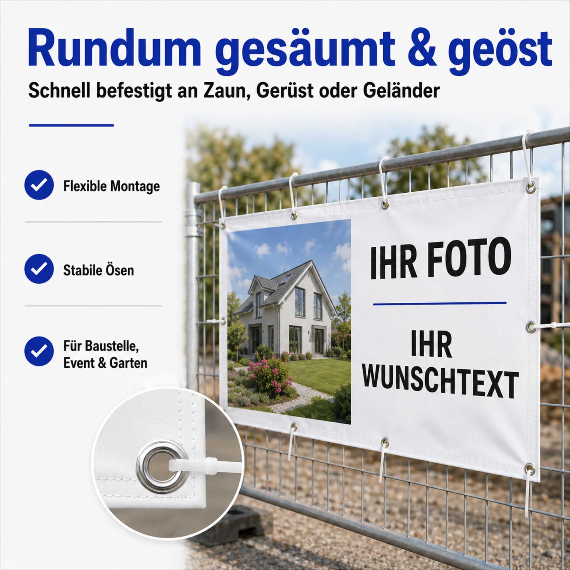 Indigos UG - Banner selbst gestalten - Plane Wasserdicht Gerüstplane - 200x66 cm - mit Wunschtext & Foto - für Baustelle, Garten, Zaun, Konzert, Gerüst - Saum - Ösen - bedruckt