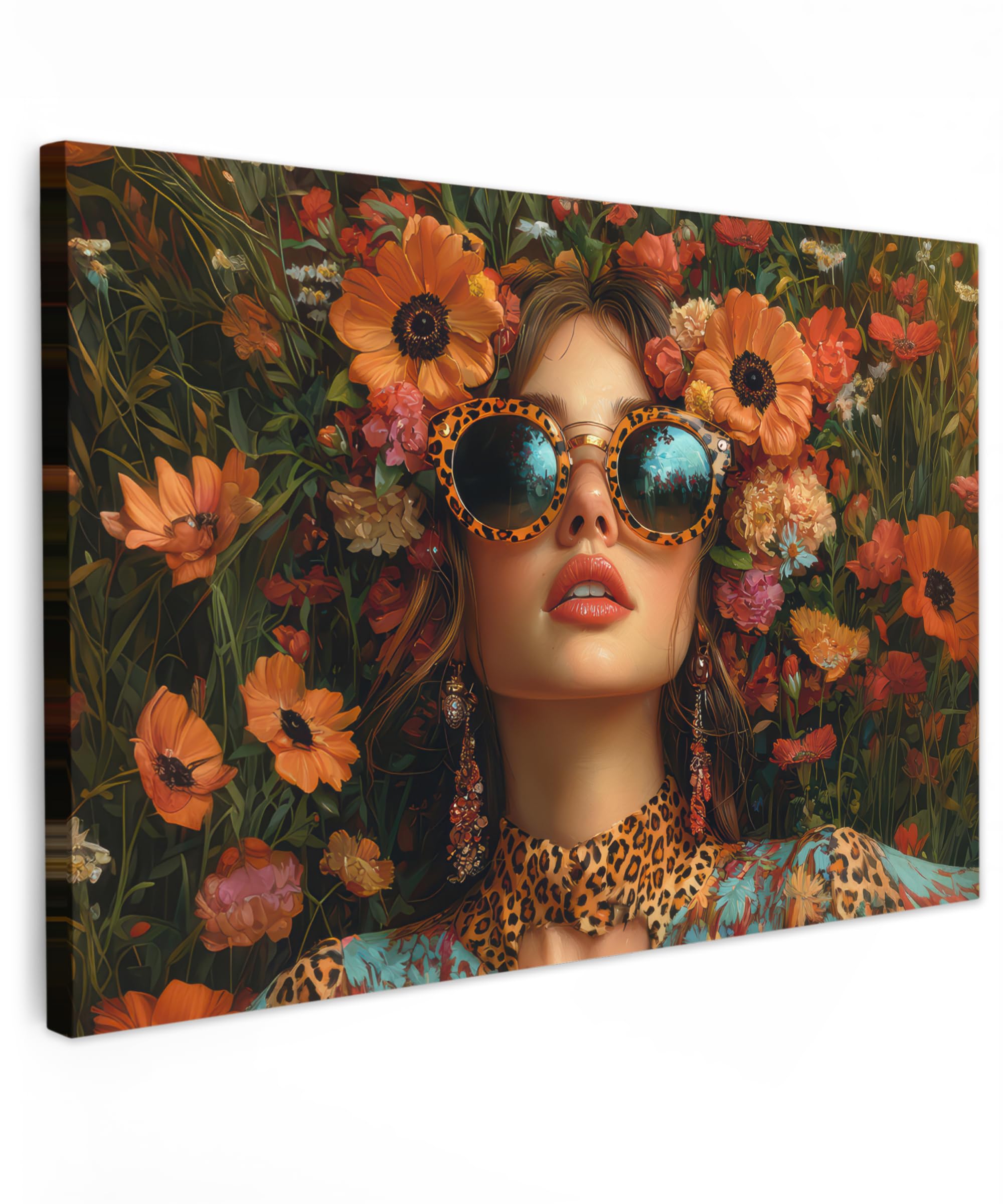MuchoWow© Cuadros Decoracion Salon Modernos 120x80 cm para Dormitorios Cuadro Decorativos de Salon Lienzos Decorativo Pictures for Living Room Decorarivos Mujer - Flores - Moderno - Gafas