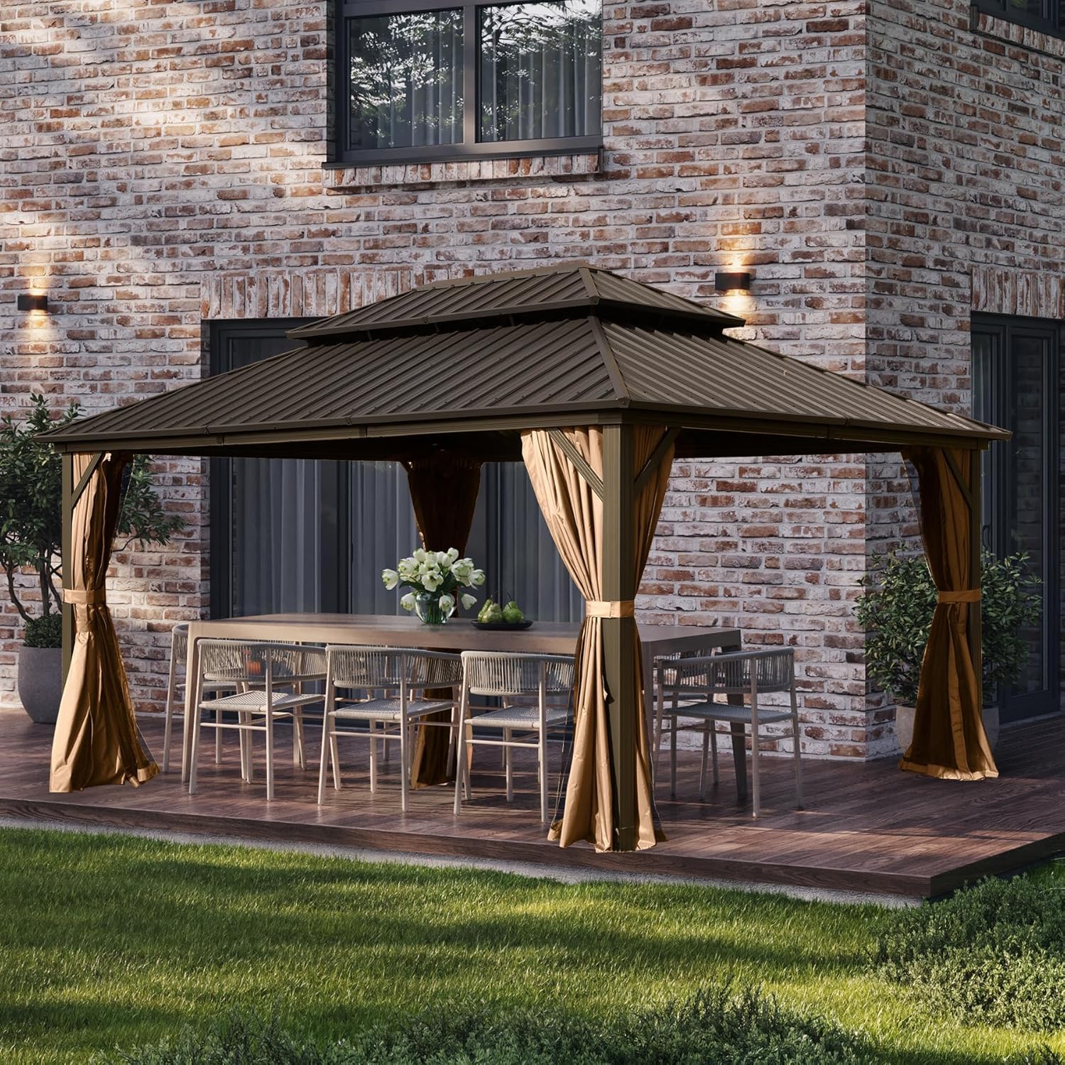Photo 1 of ***It is used, it is missing a part, and it is unknown whether it functions 100%.***Domi 10' x 14' Hardtop Gazebo, Outdoor Metal Gazebo for Patios with Galvanized Steel Double Roof, Heavy Duty Curtains and Netting Included, Permanent Pergola for Backyard,