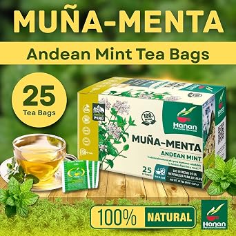 Hanan Muna Tea Bags 100% Natural Andean Mint Herbal Tea from Peru, 25 Bags of Traditional Te de Muna del Peru, Caffeine-Free for Digestion, Fresh Flavor and Relaxation