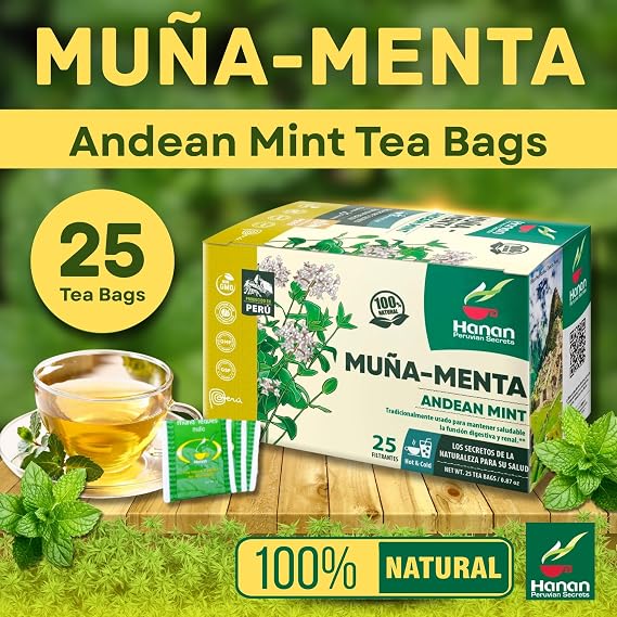 Hanan Muna Tea Bags 100% Natural Andean Mint Herbal Tea from Peru, 25 Bags of Traditional Te de Muna del Peru, Caffeine-Free for Digestion, Fresh Flavor and Relaxation