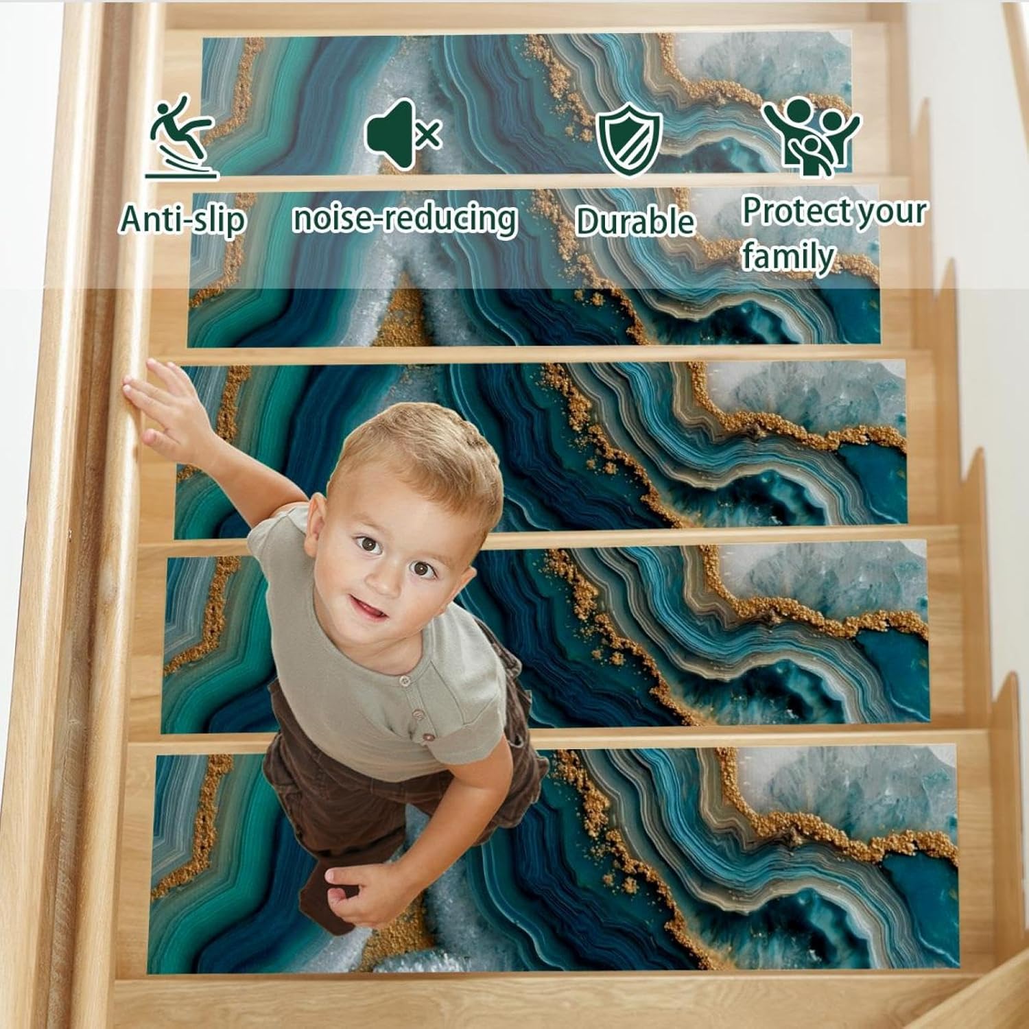 Teal Agate Texture (2) Carpet Stair Treads, Stair Treads for Wooden Steps Indoor, Stair Runner for Pets Non Skid Wood Staircase Step Treads Reusable, Set of 15