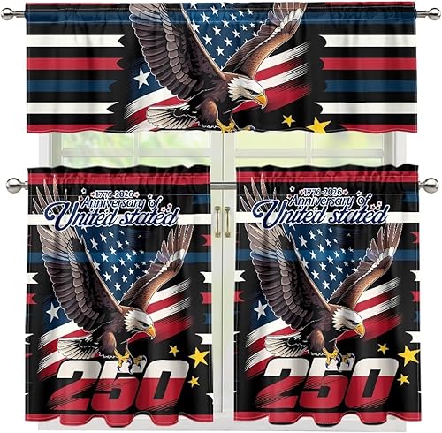 Miniatura 63 de Juego de 250 cortinas de cocina con bandera estadounidense para ventanas, fácil de instalar, cortinas cortas de 24 pulgadas con bolsillo para barra