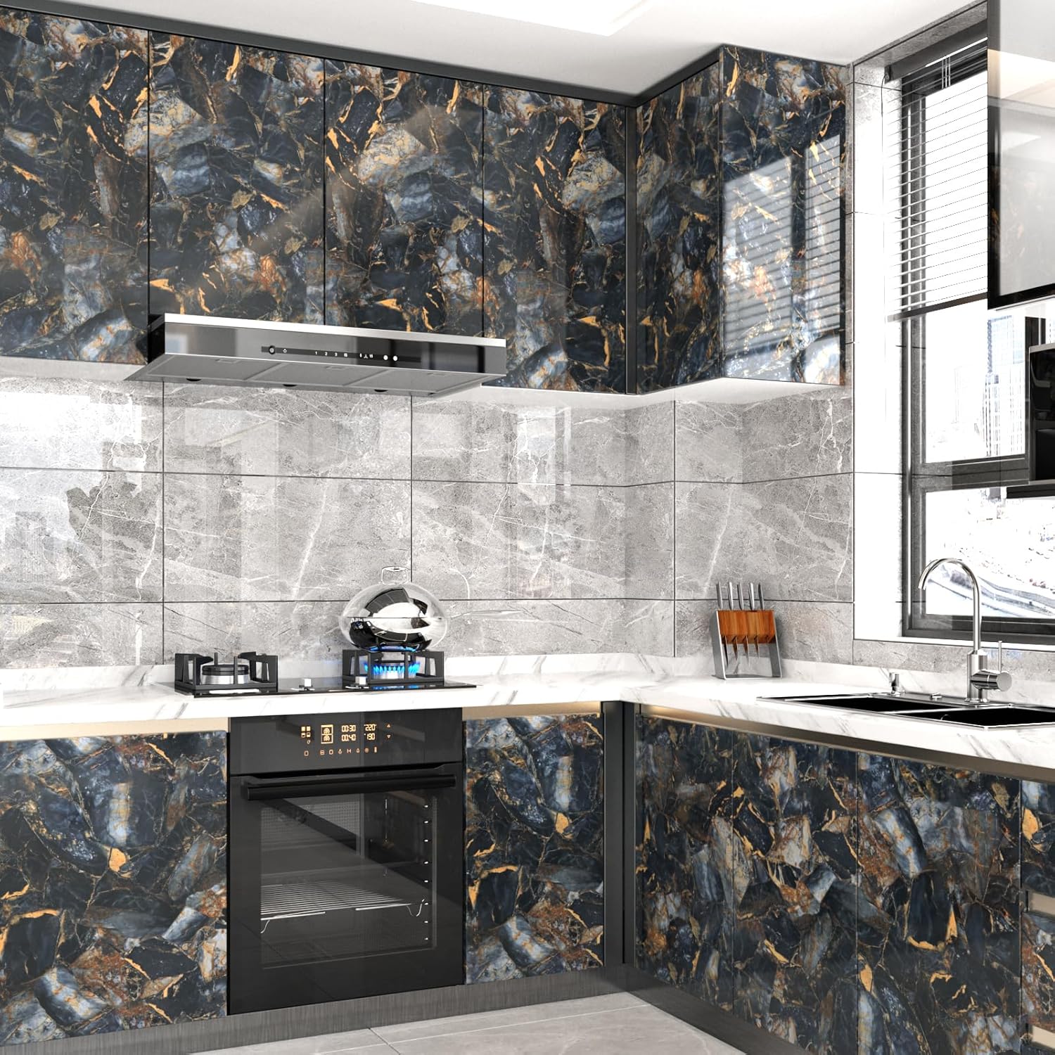 Marble Black Contact Paper Peel and Stick Countertops Gold Contact Paper Peel and Stick Wallpaper for Kitchen Cabinet Waterproof Vinyl Film Marble Shelf Liner Counter Top Cover Wallpapers 15.8x78.7 IN