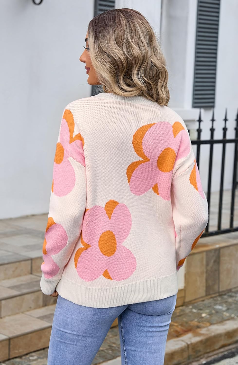 Angashion Women Long Sleeve Sweater - Fall Casual Crewneck Knit Tops Floral Print Cute Loose Pullover Jumper - Image 3