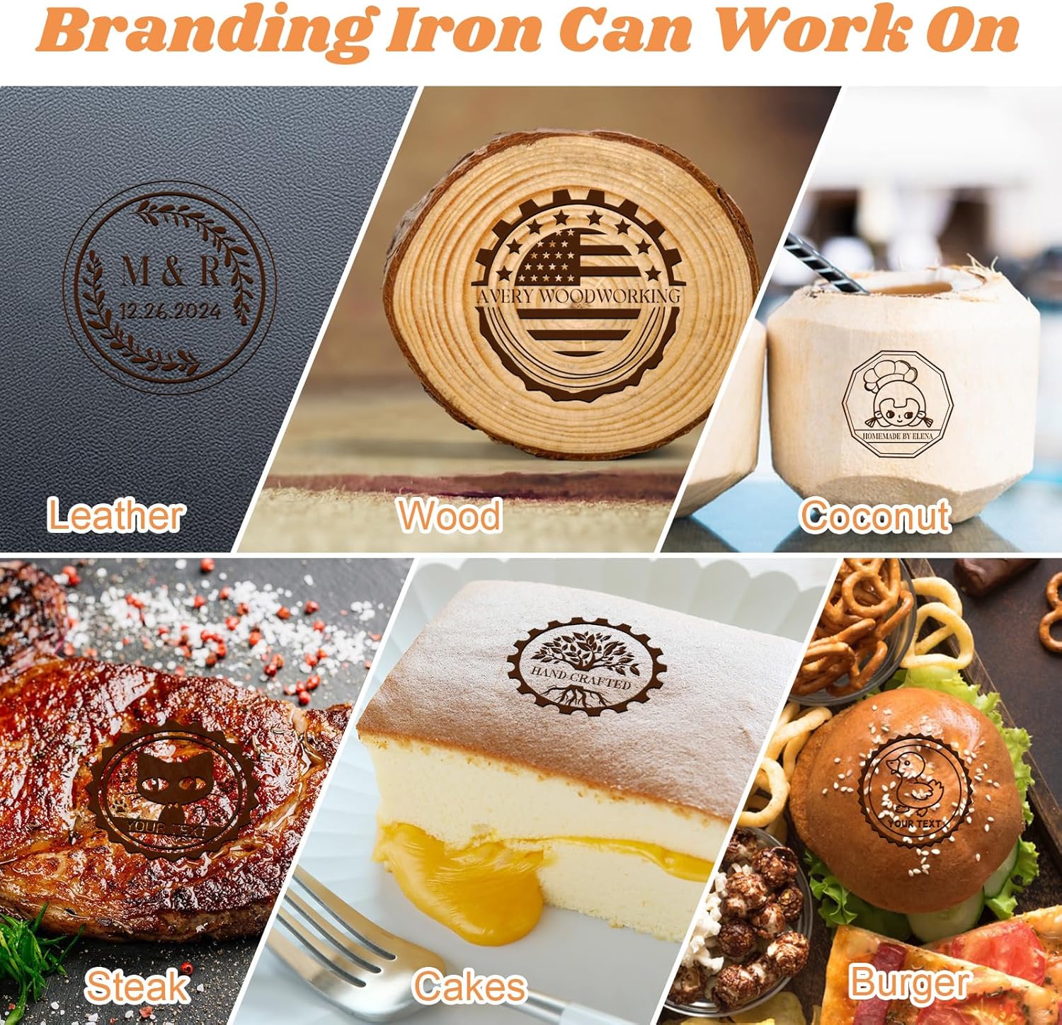 Custom Branding Iron, Bread Meat Hamburger Coconut Leather Wood Personalized Burning Stamp, Wedding Stamp, Handle Included (2 inch)