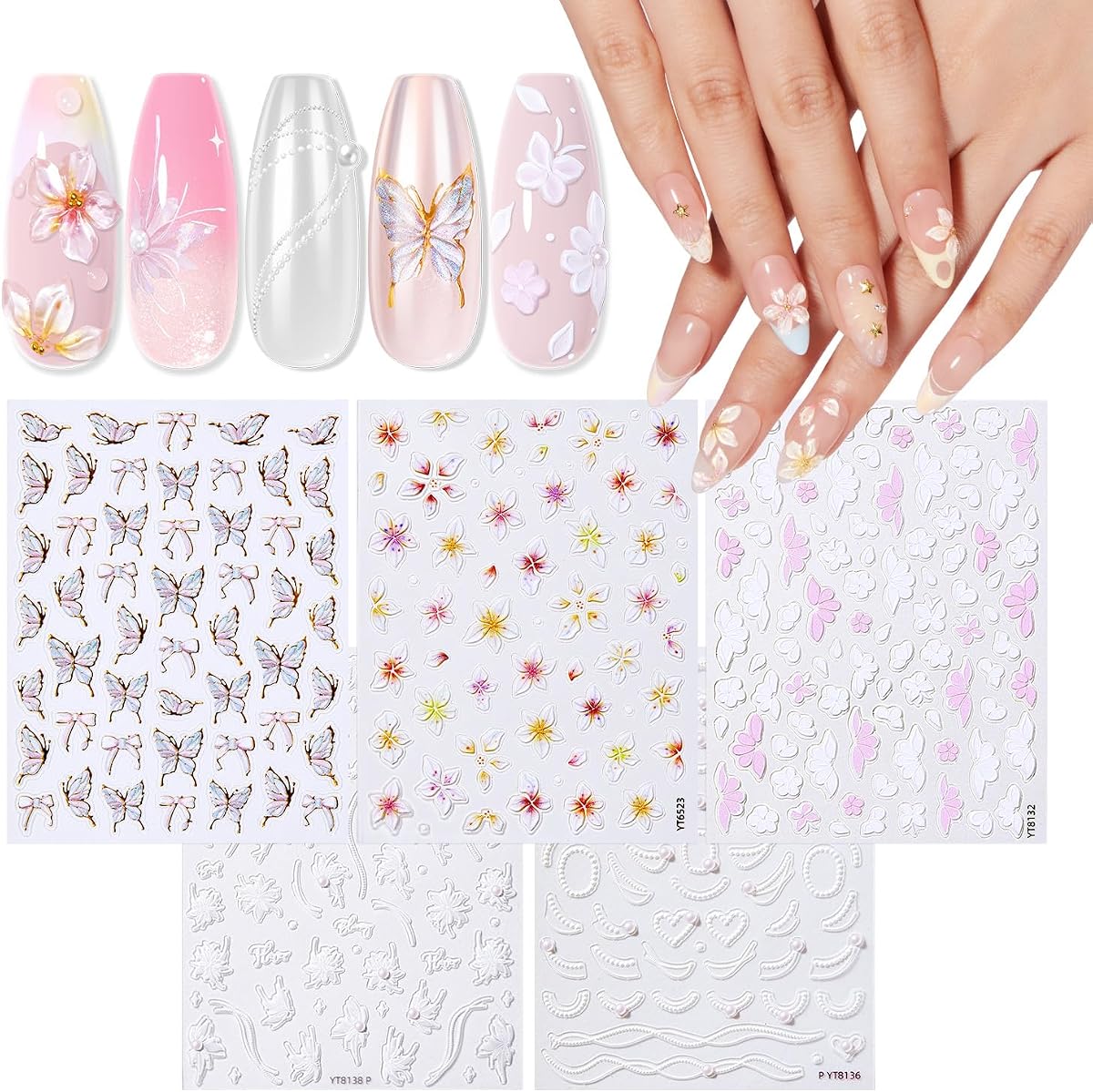 Pegatinas de uñas de esmalte de gel, calcomanías de uñas florales en relieve 3D | Mariposa y blanco elegante encaje flores pétalos diseño de arte de uñas para primavera verano manicura DIY uñas para mujeres y niños 5 piezas
