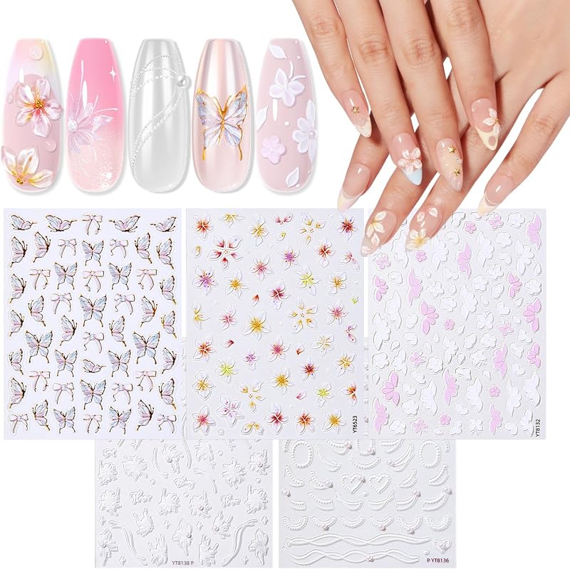 Pegatinas de uñas de esmalte de gel, calcomanías de uñas florales en relieve 3D | Mariposa y blanco elegante encaje flores pétalos diseño de arte de uñas para primavera verano manicura DIY uñas para mujeres y niños 5 piezas