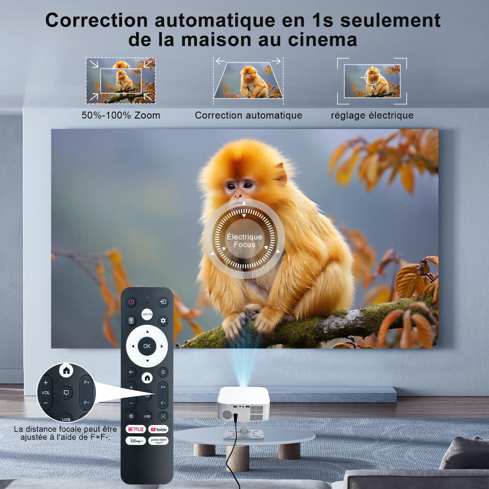Salange Vidéoprojecteur, 1080P natif Prend en Charge Le 4K, Intelligent Android 14 Projecteur avec WiFi 6 et Bluetooth 5.4 Mise au Point électronique & Correction Automatique Utilisation en Un clic