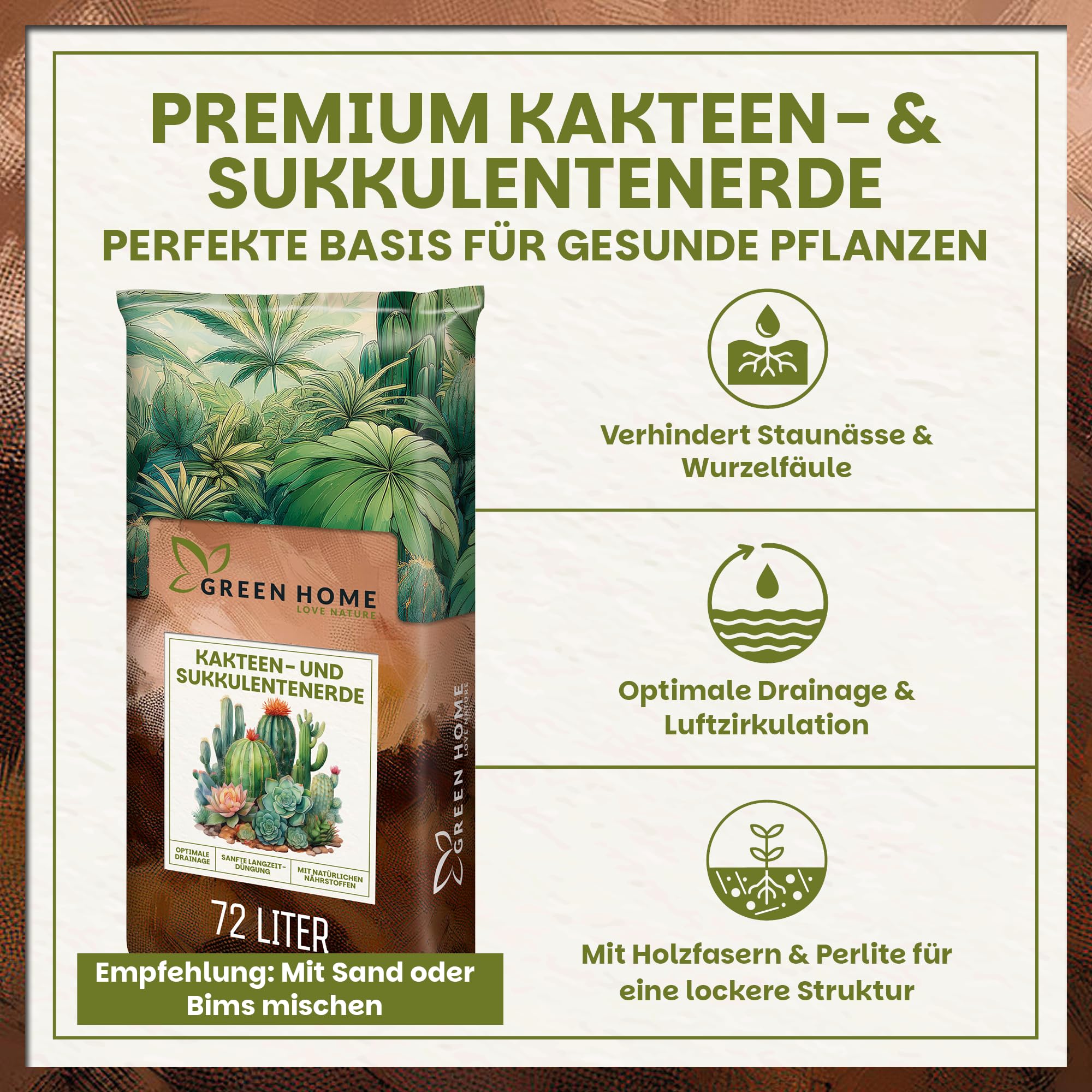 Green Home Kakteen & Sukkulenten Erde 72L mit Perlit. PH-Wert 5,8. Langzeitgedüngt, ideal als Kakteenerde, Sukkulentenerde & Kaktuserde. Substrat für Exoten in Premium Qualität