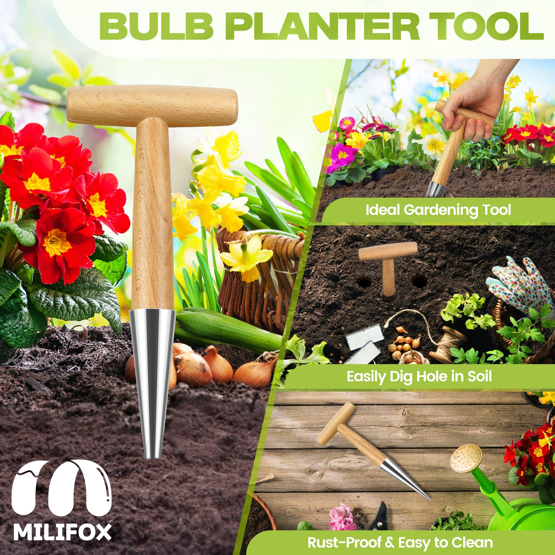 Pianta Bulbi - Dibber con Manico in Legno Massiccio e Punta in Acciaio Inox,Attrezzi da Giardino Ideale per Piantare
