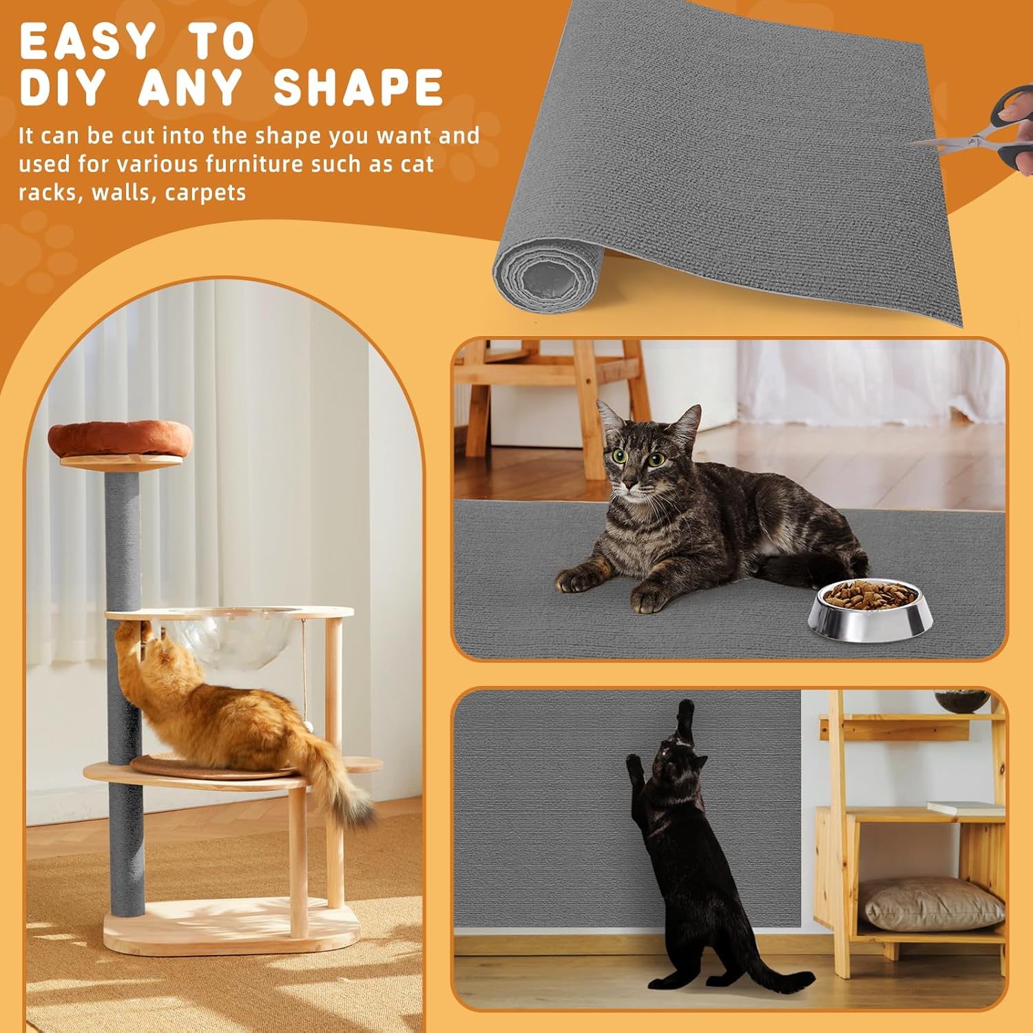4pack Cat Scratch Couch Furniture and Wall Protector | Adhesive Cat Scratch Pad for Covering Cat Tower, DIY Climbing Cat Scratcher Couch Protector from Cat Claws Scratching (Light Gray)