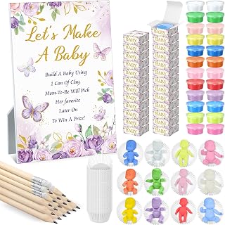 Blosssound Funny Baby Shower Games Decorations Let's Make a Baby Clay Game Sign Set 24 Play Clay 24 Pencils Shower Gender Reveal Game Activities Adults Boys Girls(Pink and Purple Butterfly)