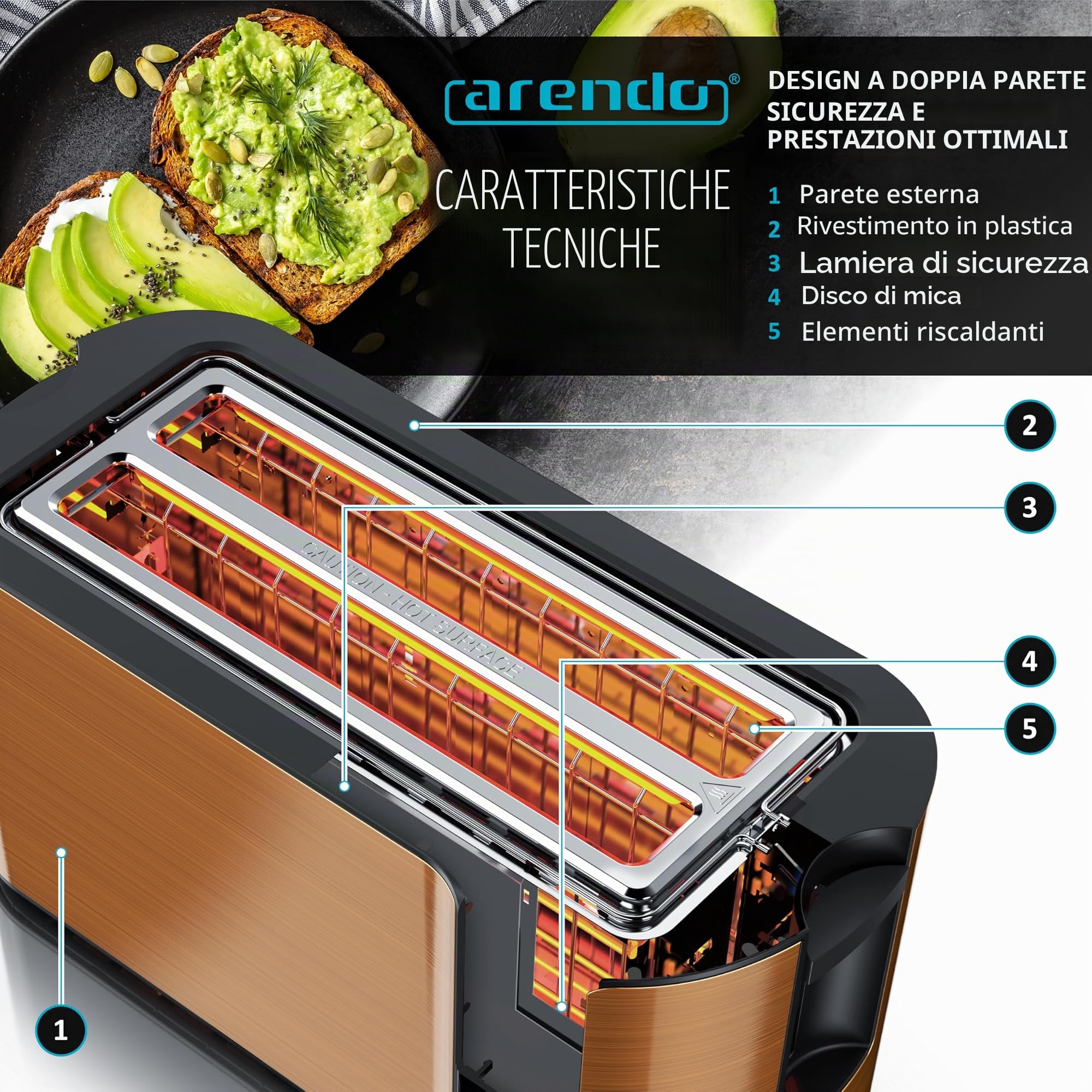 Arendo - Tostapane in acciaio inox a fessura lunga 4 fette touch screen – alloggiamento a doppia parete – Inserto per panino integrato – 7 gradi di doratura – centraggio del pane – visualizzazione del