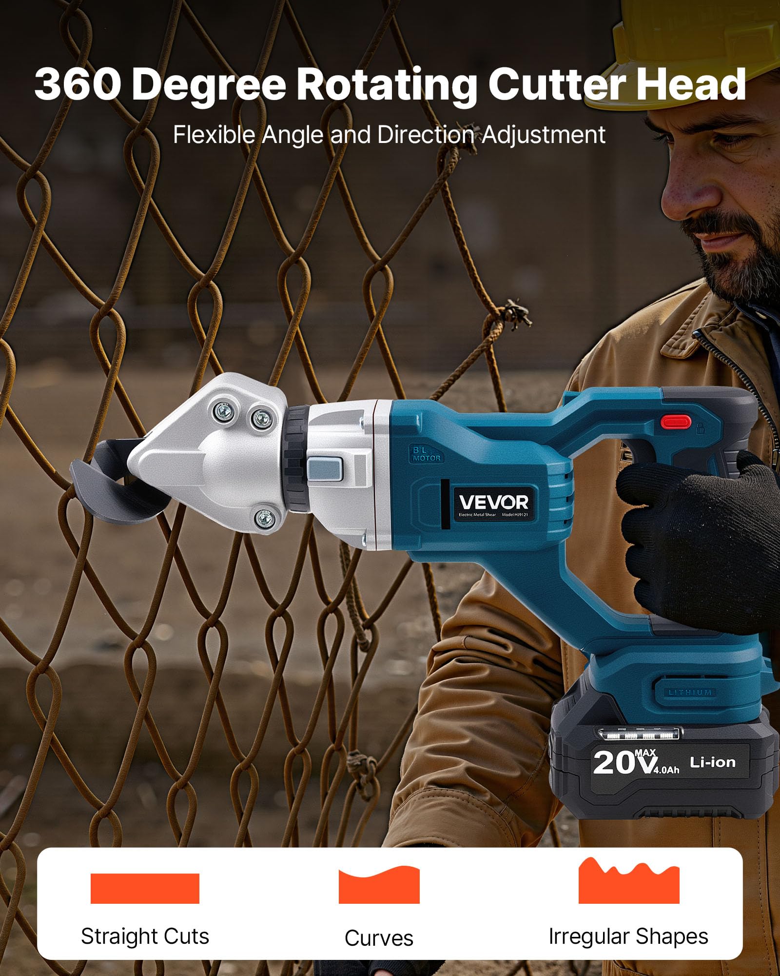 VEVOR Cisaille à Tôle Électrique, 20 V CC, Cisaille à Métaux sans Fil avec Tête Pivotante 360°, Double Lame, pour Acier Galvanisé 1,22 mm, Acier Inoxydable 1 mm, Aluminium, Plastique, Carton, 2800 SPM