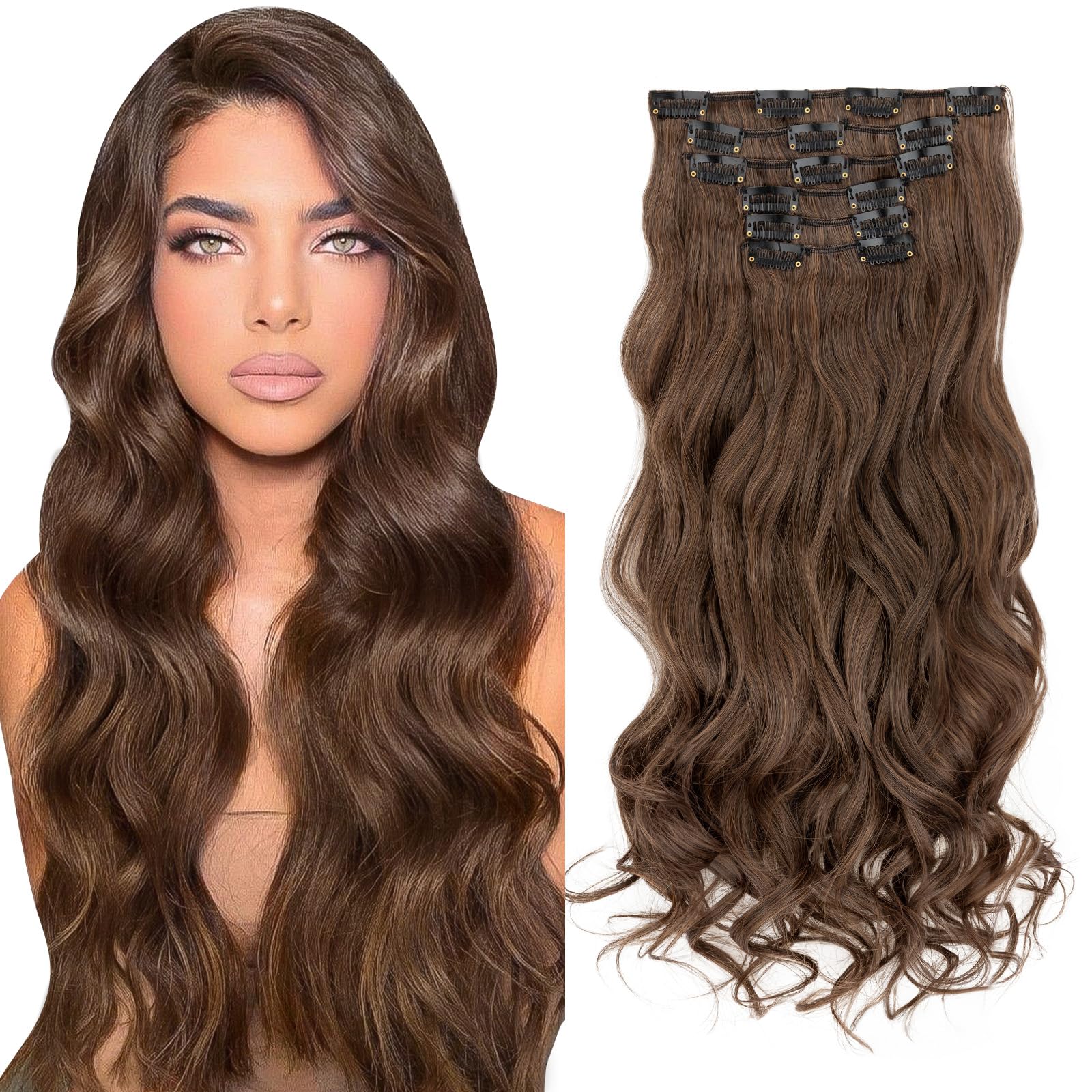 TESS Curly Hair Extensions Clip in 22 Inch 6PCS 16 Clips Heat Resistant Synthetic Wig Tangle-Free Double Weft Hair Pieces for Women UK 150g #2/30 Mix Dark Brown & Light Auburn