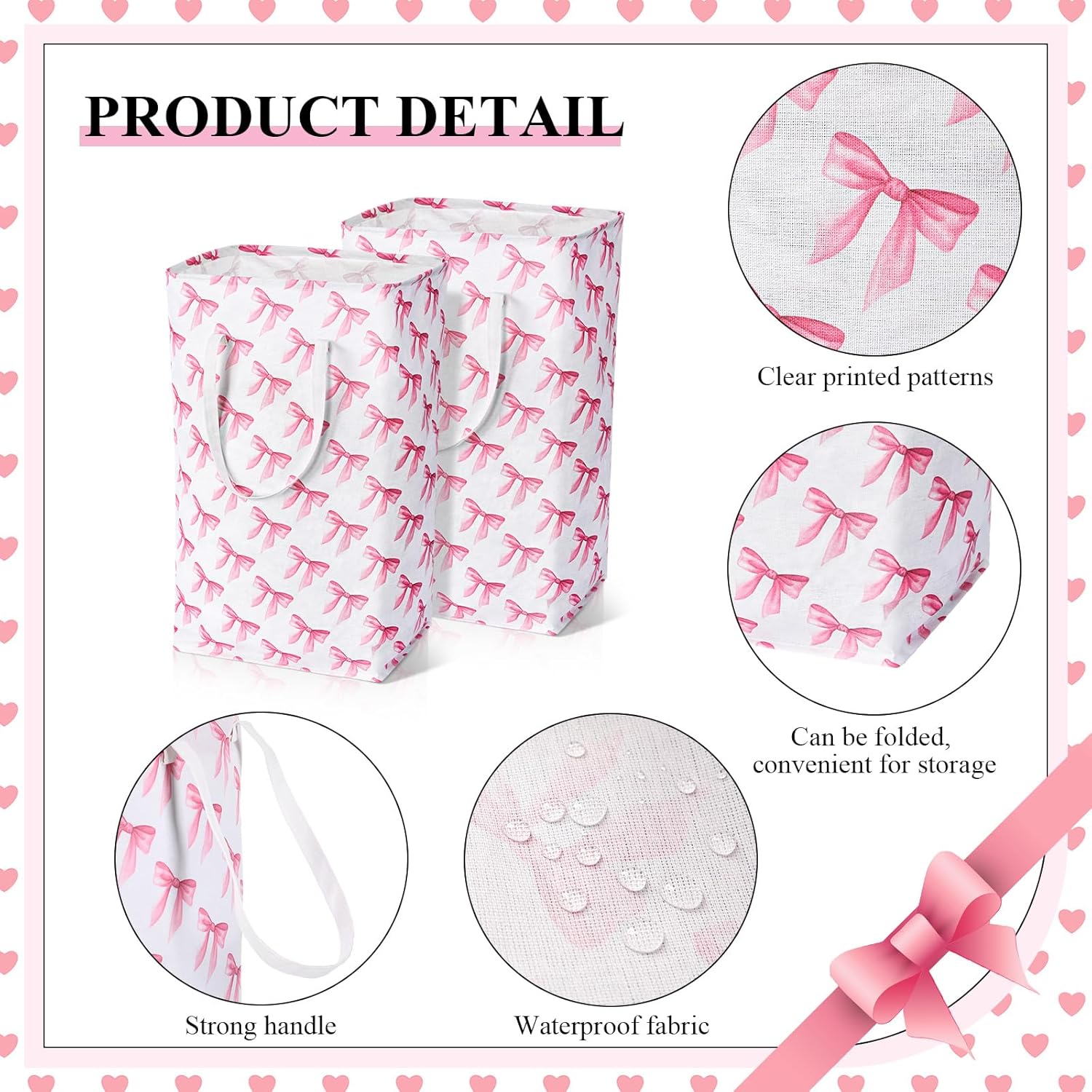 Leinuosen 2 Pieces Pink Laundry Basket Coquette Pink Bow Basket Large Collapsible Laundry Baskets Cute Bow Nursery Clothes Hamper Waterproof Nursery Hamper Room Organization for Bedroom Decor