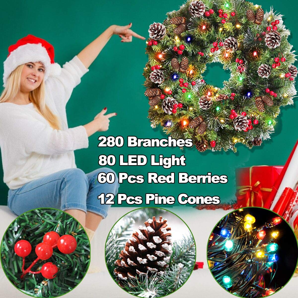 Best Choice Products 24in PreLit Battery Powered Christmas Wreath Artificial PreDecorated