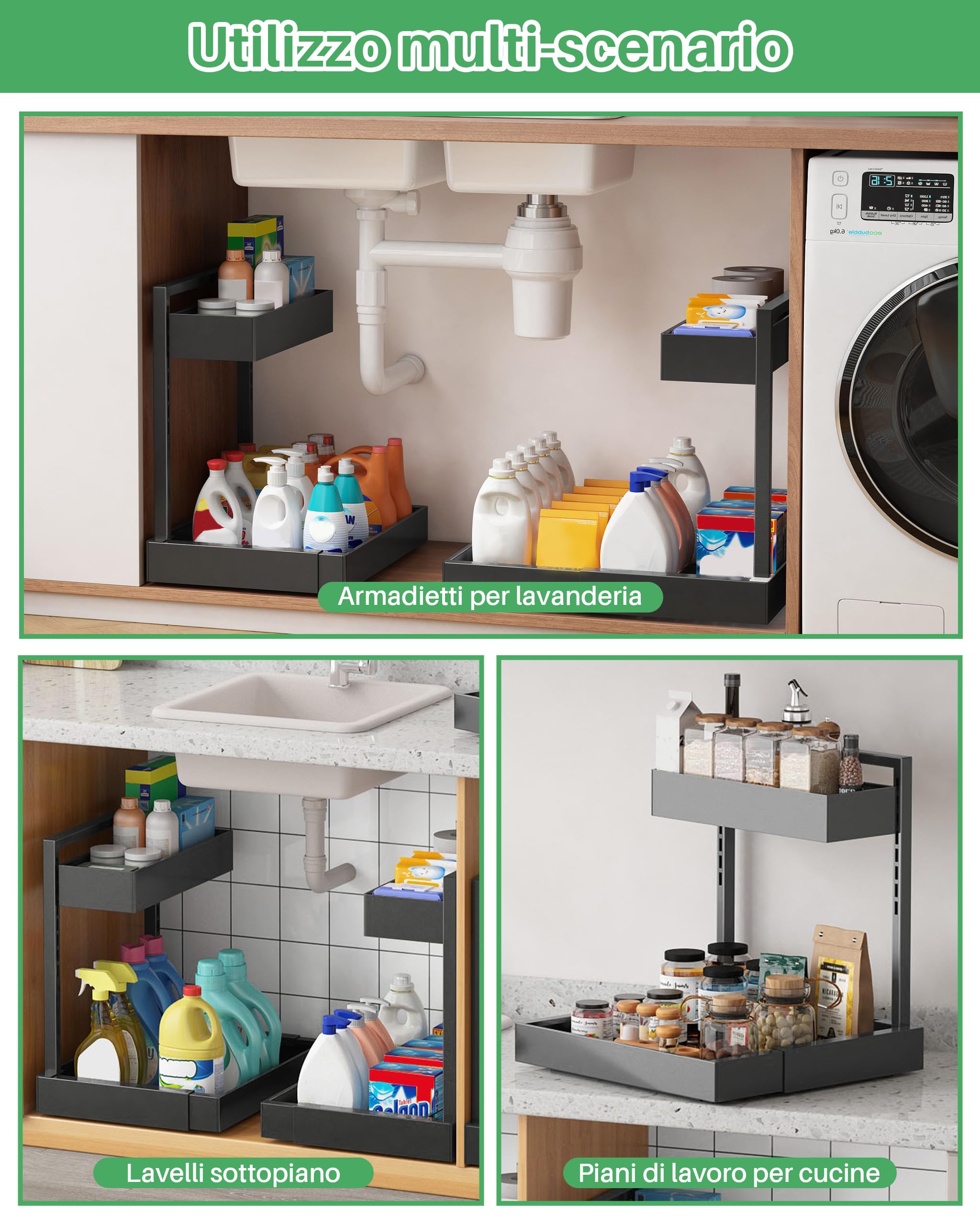 UMDONX Organizer Sottolavello Cucina 2 Livelli Metallo Organizer Larghezza Regolabile Organizzatore Sotto Lavello,Nero