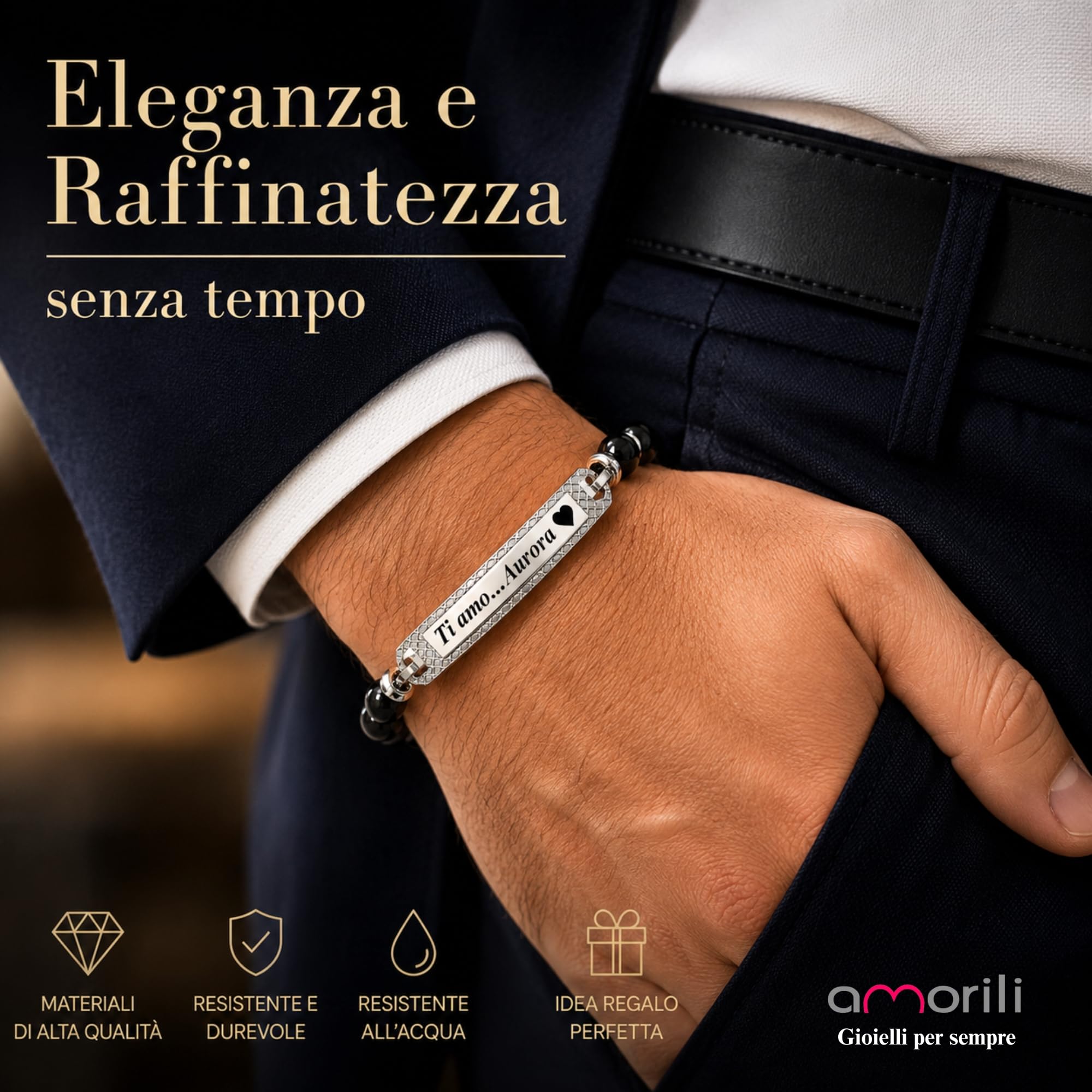 Bracciale Uomo Personalizzabile con Incisione in Acciaio Inox e Pietre Dure Onice Nera – Gioiello Maschile Personalizzato con Frasi e Date – Idea Regalo Uomo
