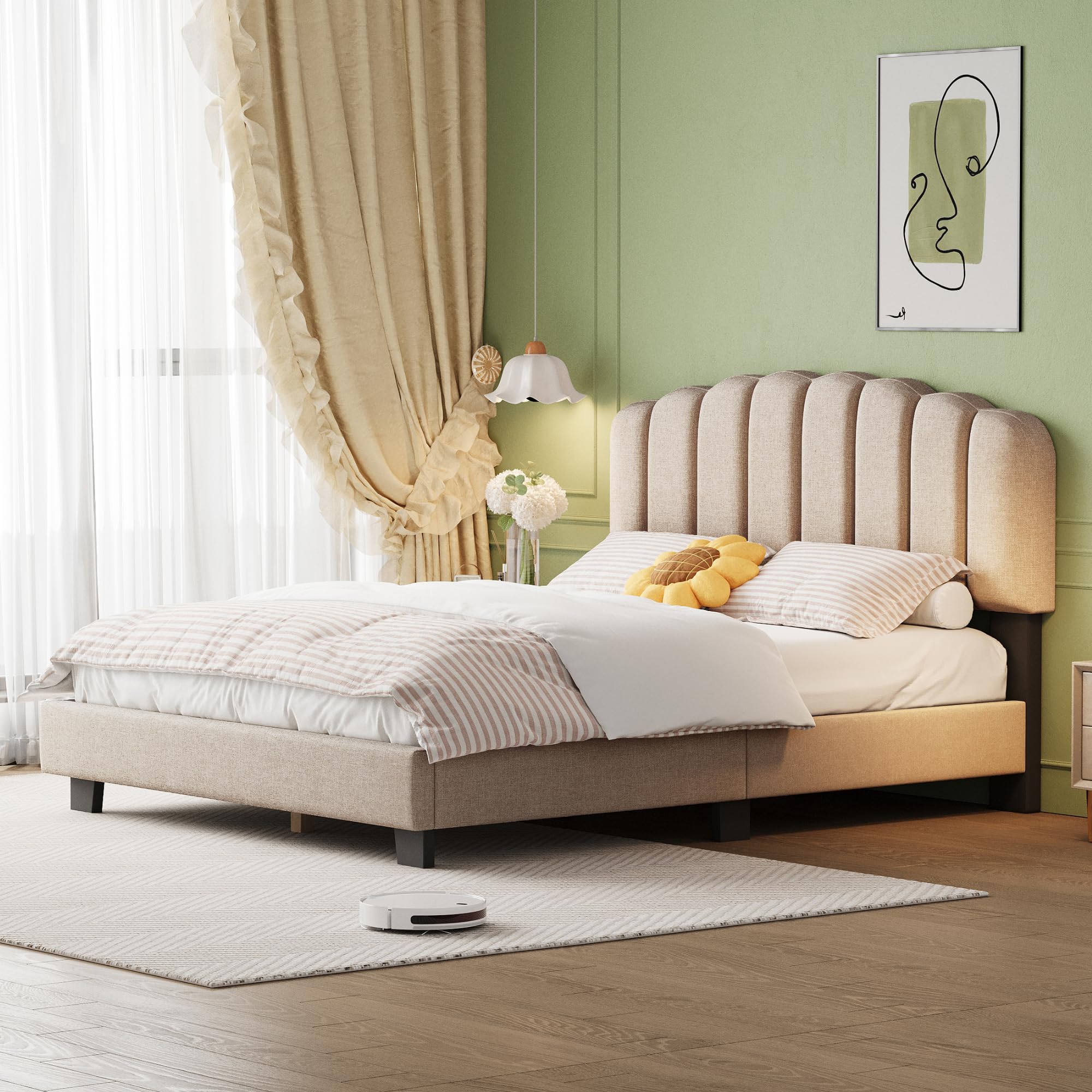 Letto imbottito 140 x 200 cm, letto con rete a doghe (senza materasso), testiera regolabile, in lino, stile minimalista beige scuro