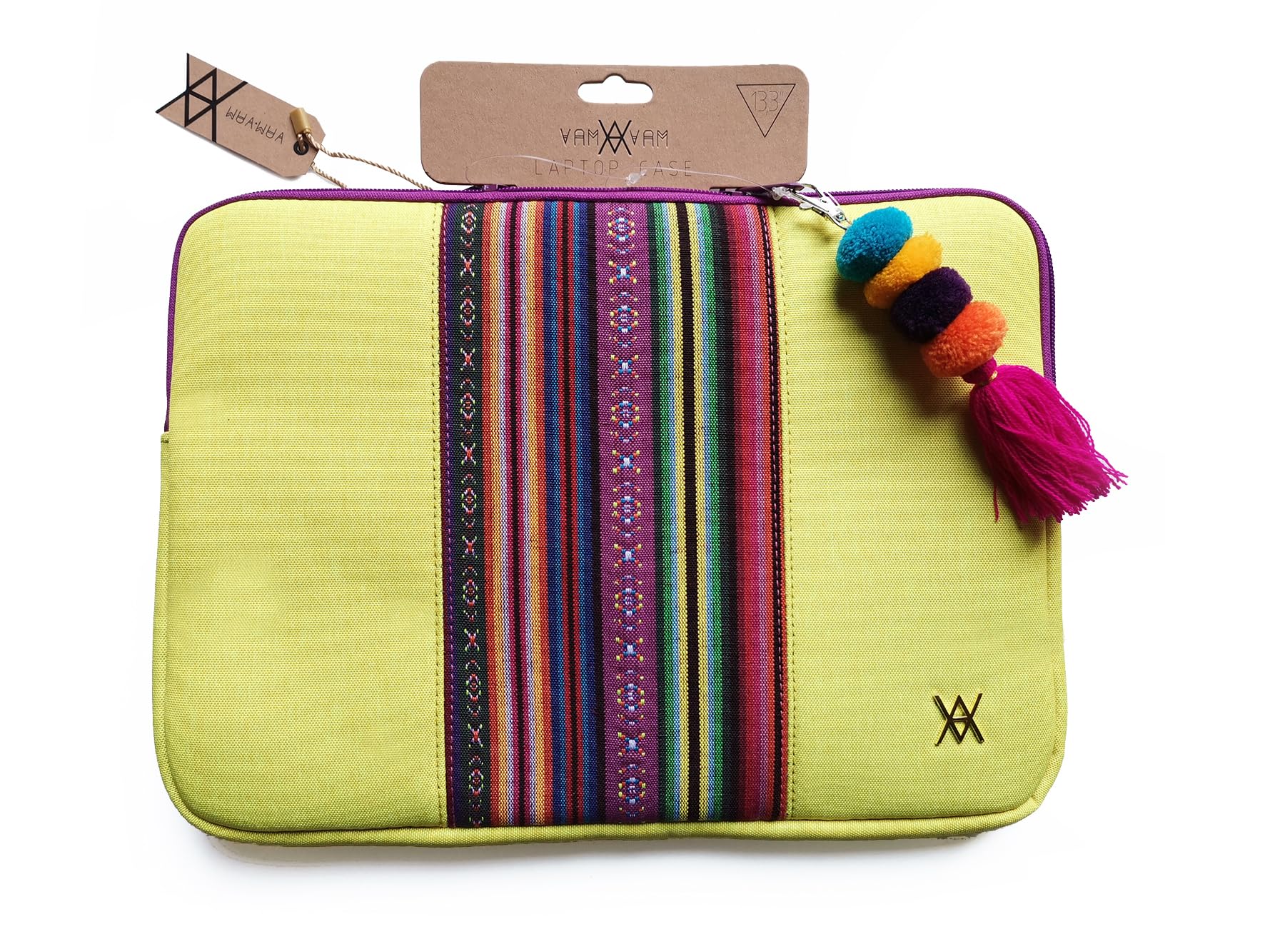 WONDEE Lemonade 14 Inch Laptop Sleeve with Decorative Embroidered Fabric Strip Ethnic Style – Briefcase/Laptop Sleeve Compatible with Macbook 14 Inch, Padded and Reinforced, Yellow