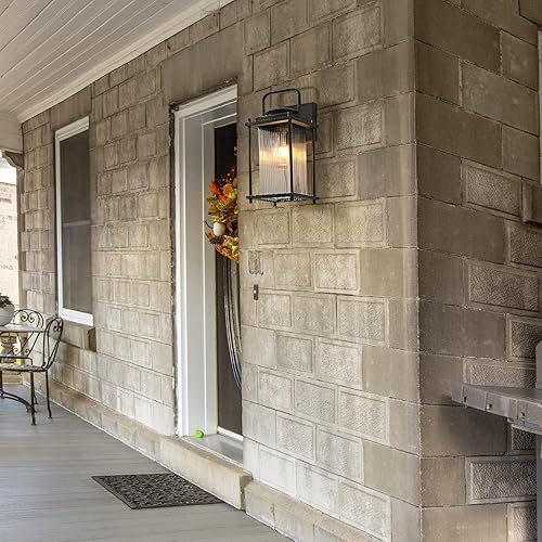 Miniatura 6 de GAAZIE Farol de pared para exteriores accesorios de luz impermeables para exteriores luz de porche negra con vidrio a rayas accesorios de 13