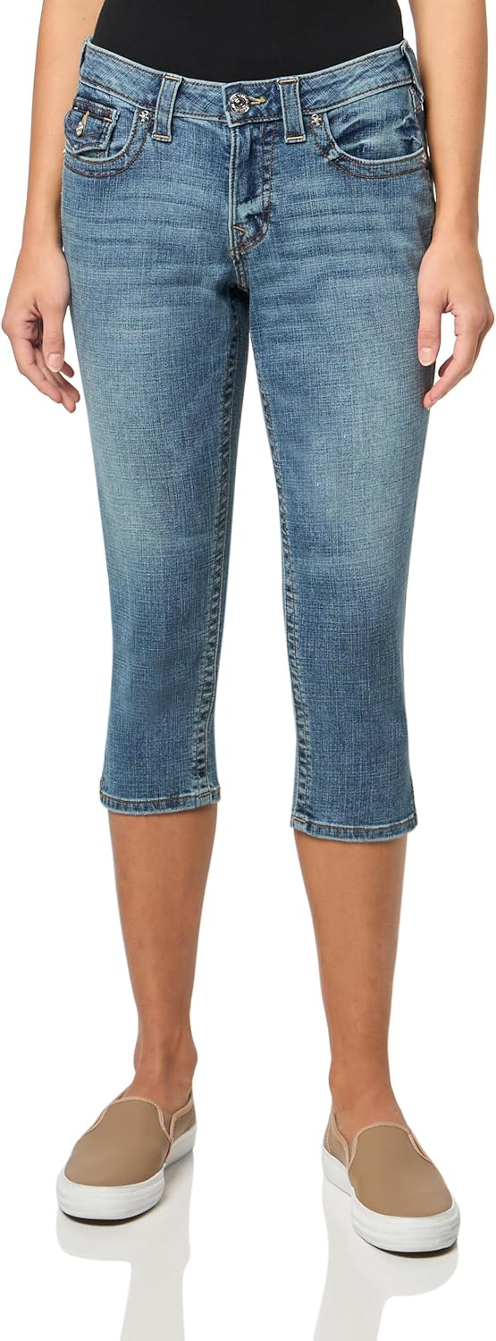 True Religion Women's Jennie Mid Rise Capri Flap Jeans - Stylish Flap Pocket