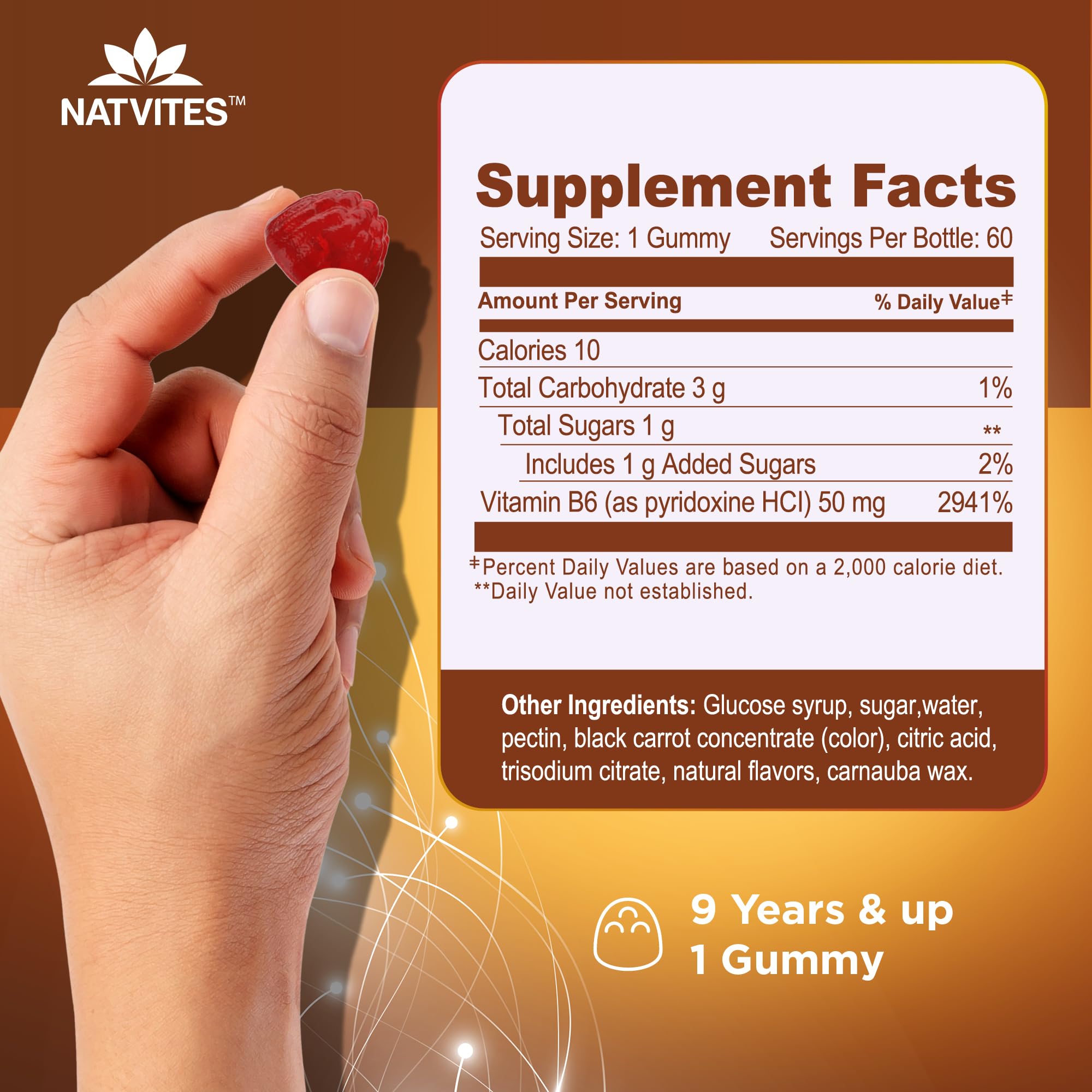 High-Potency Vitamin B6 Gummies for Kids - Delicious Berry Flavored VIT B6 Vitamins 50mg - Supports Nerve Function - Vegetarian Gluten Free Non-GMO Children's 50 mg B 6 Supplement (60 Count) — Amazon image 4