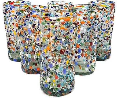 Confetti Rocks - Vasos de té helado de 20 onzas de alto (juego de 6) cristalería multicolor mexicana hecha a mano, vidrio reciclado, sin plomo, sin